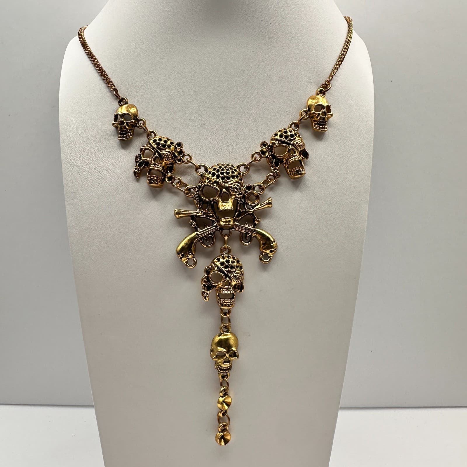 Vintage Y2K Pirate Skull Pistol Multi-Level Necklace Gold Tone Goth Punk Jewelry - Thumbnail 2