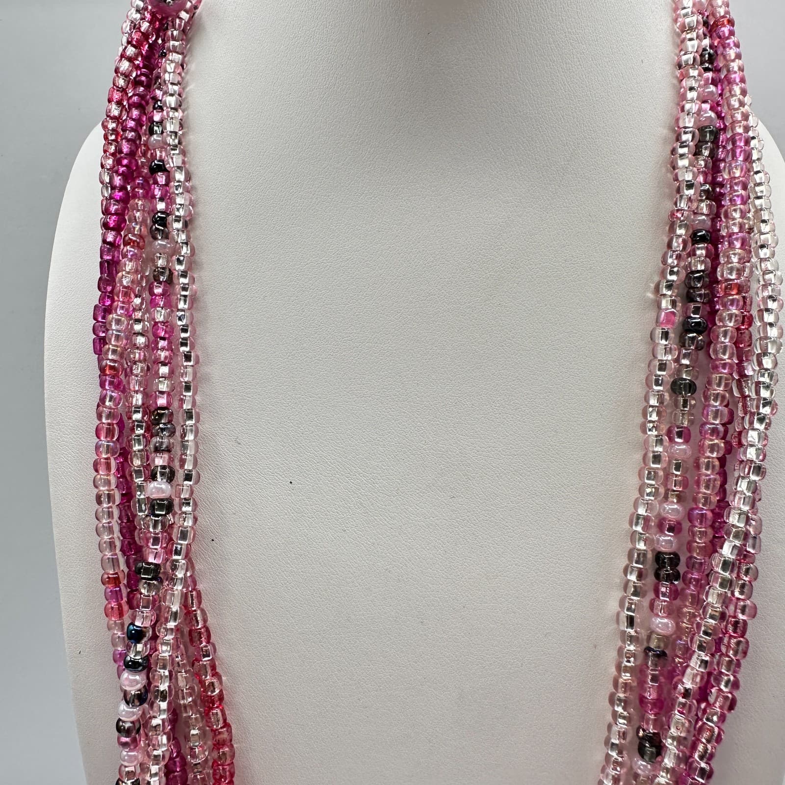 Vintage Y2K Multi Strand Pink Seed Beads Layered Necklace Silver toned Jewelry - Thumbnail 7