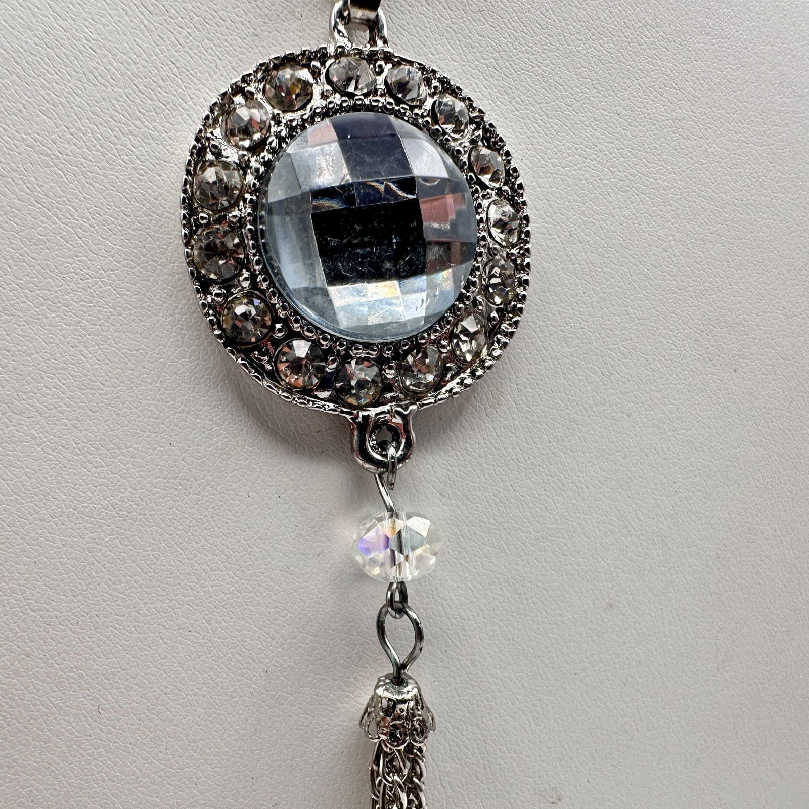 Vintage 90s Clear Crystal Pendant Tassel Necklace Silver Tone Women's Jewelry - Thumbnail 6