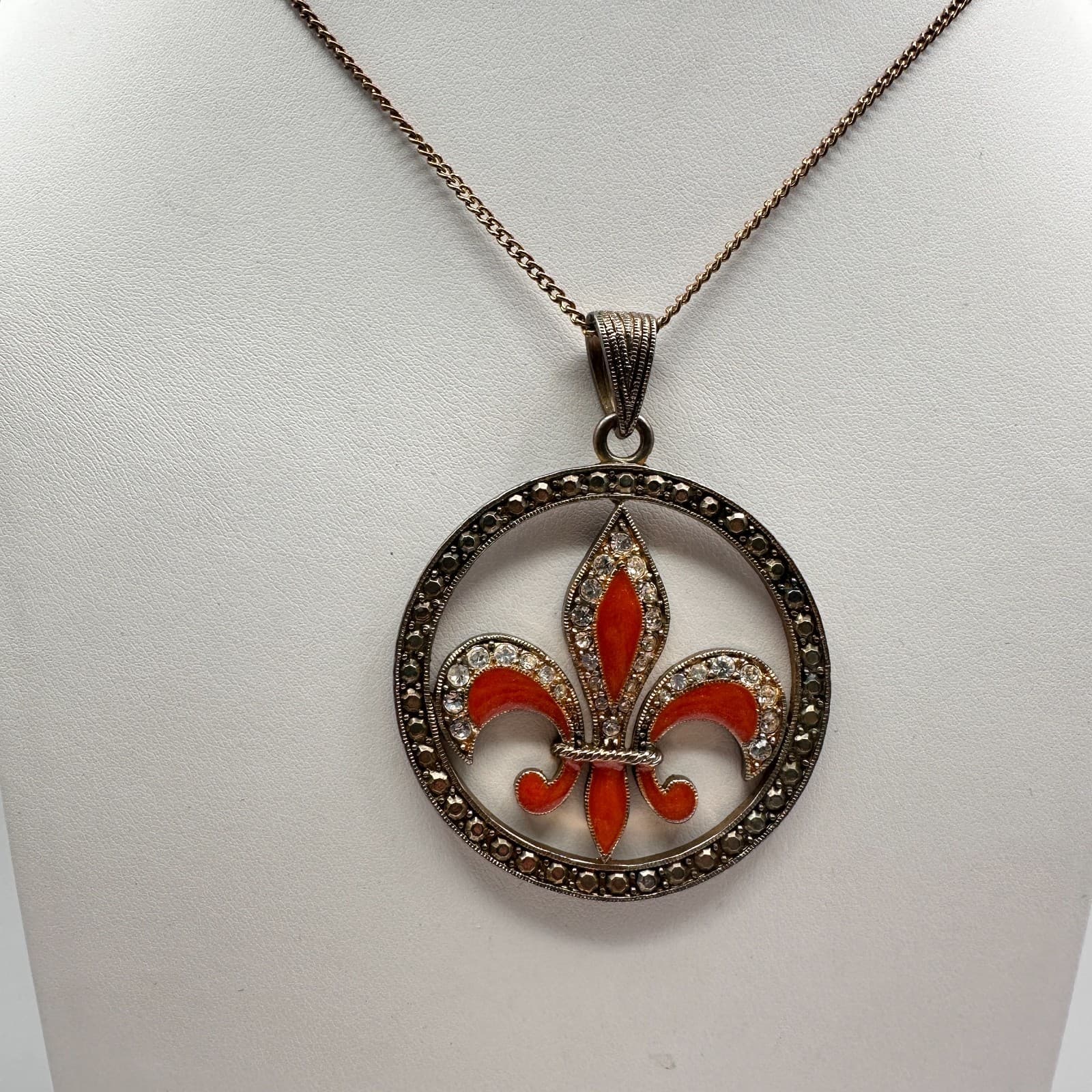 Vintage 90s Orange Fleur De Lis Pendant Necklace Multicolor Tone Women's Jewelry - Thumbnail 2