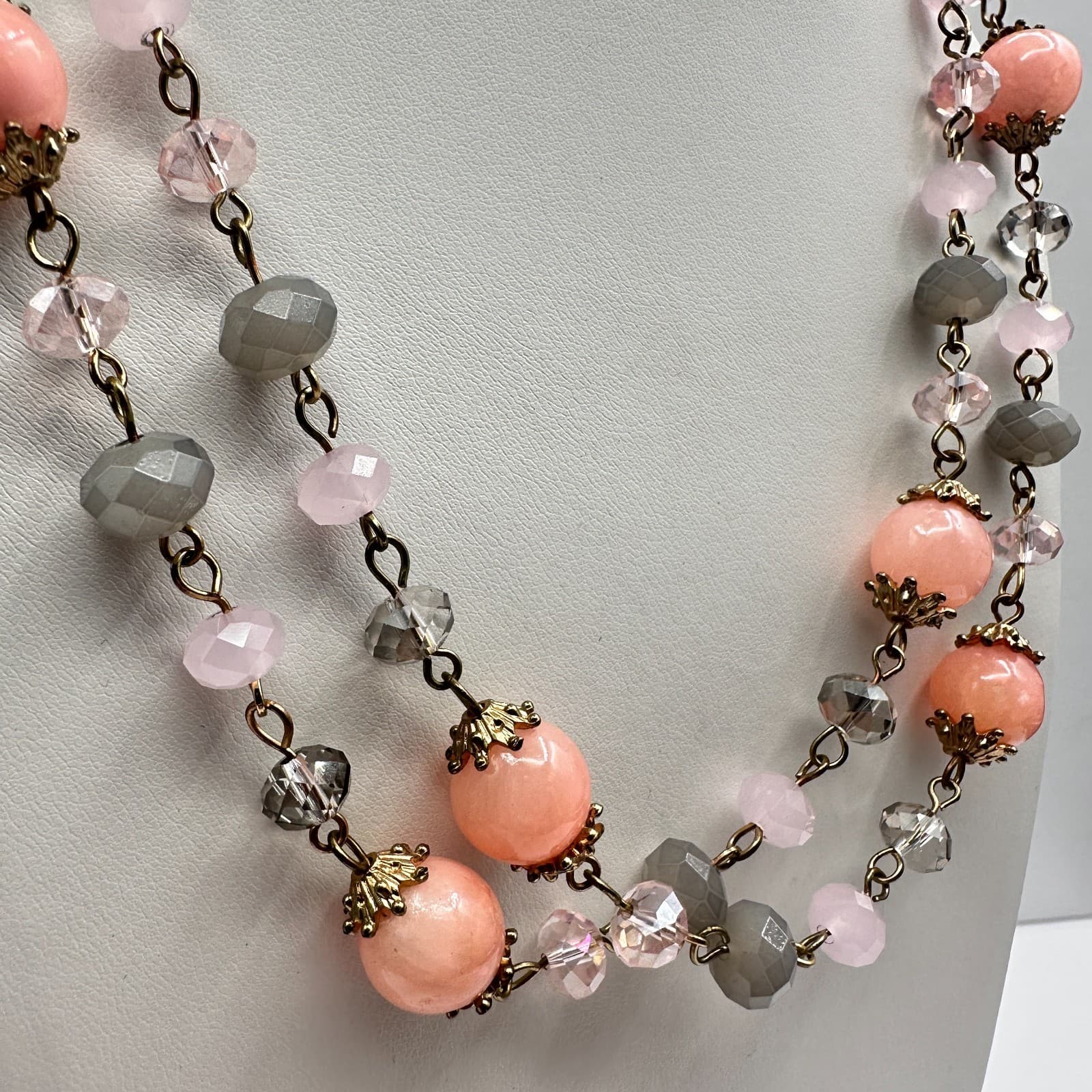 Vintage Multicolor Crystal Bead Double Strand Necklace Gold Tone 90s Jewelry - Thumbnail 3
