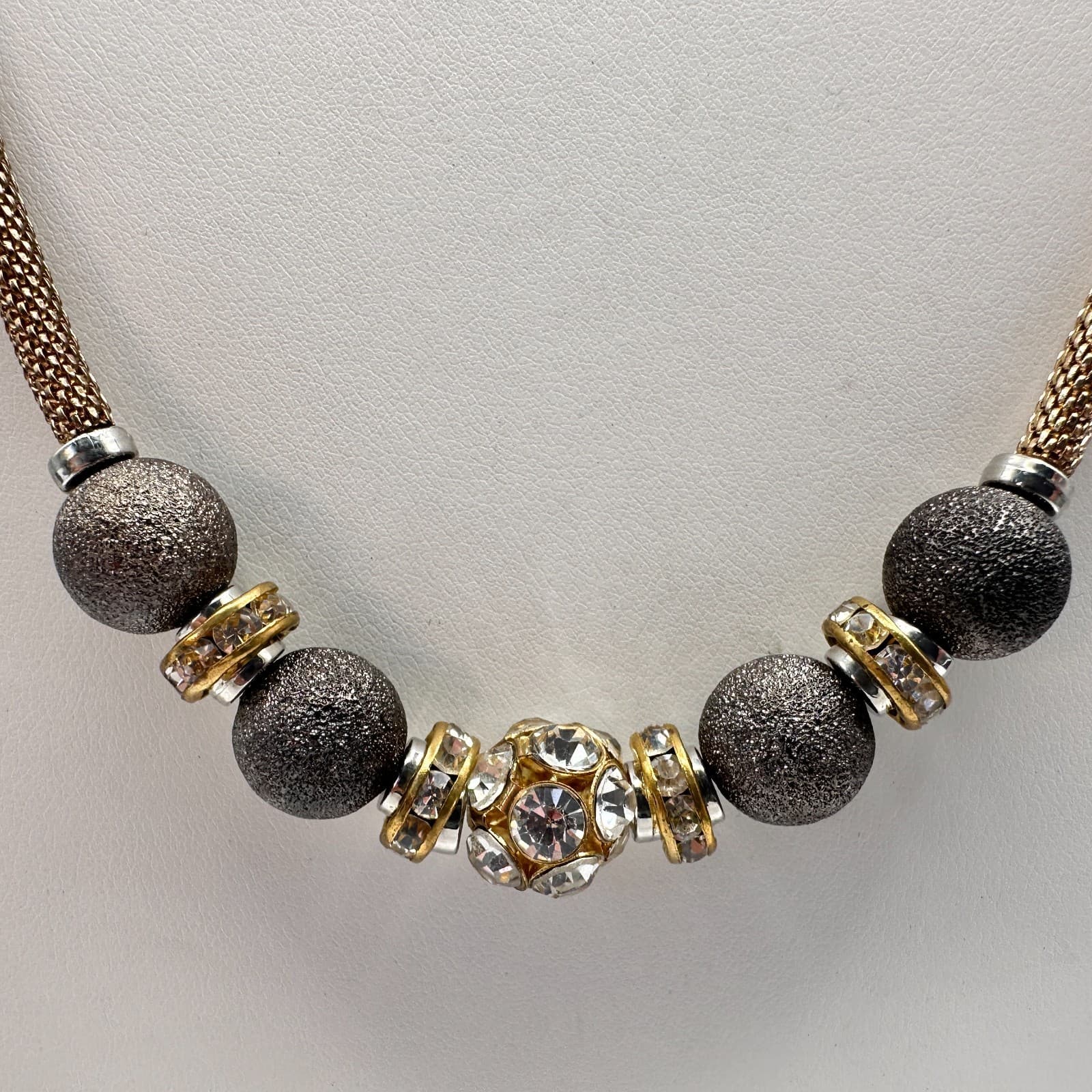 Vintage Y2K Gray Stardust Beads Rhinestone Mesh chain Gold tone Necklace Jewelry - Thumbnail 4