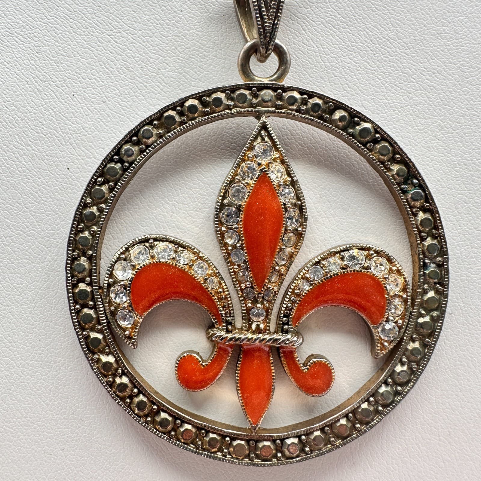 Vintage 90s Orange Fleur De Lis Pendant Necklace Multicolor Tone Women's Jewelry - Thumbnail 3