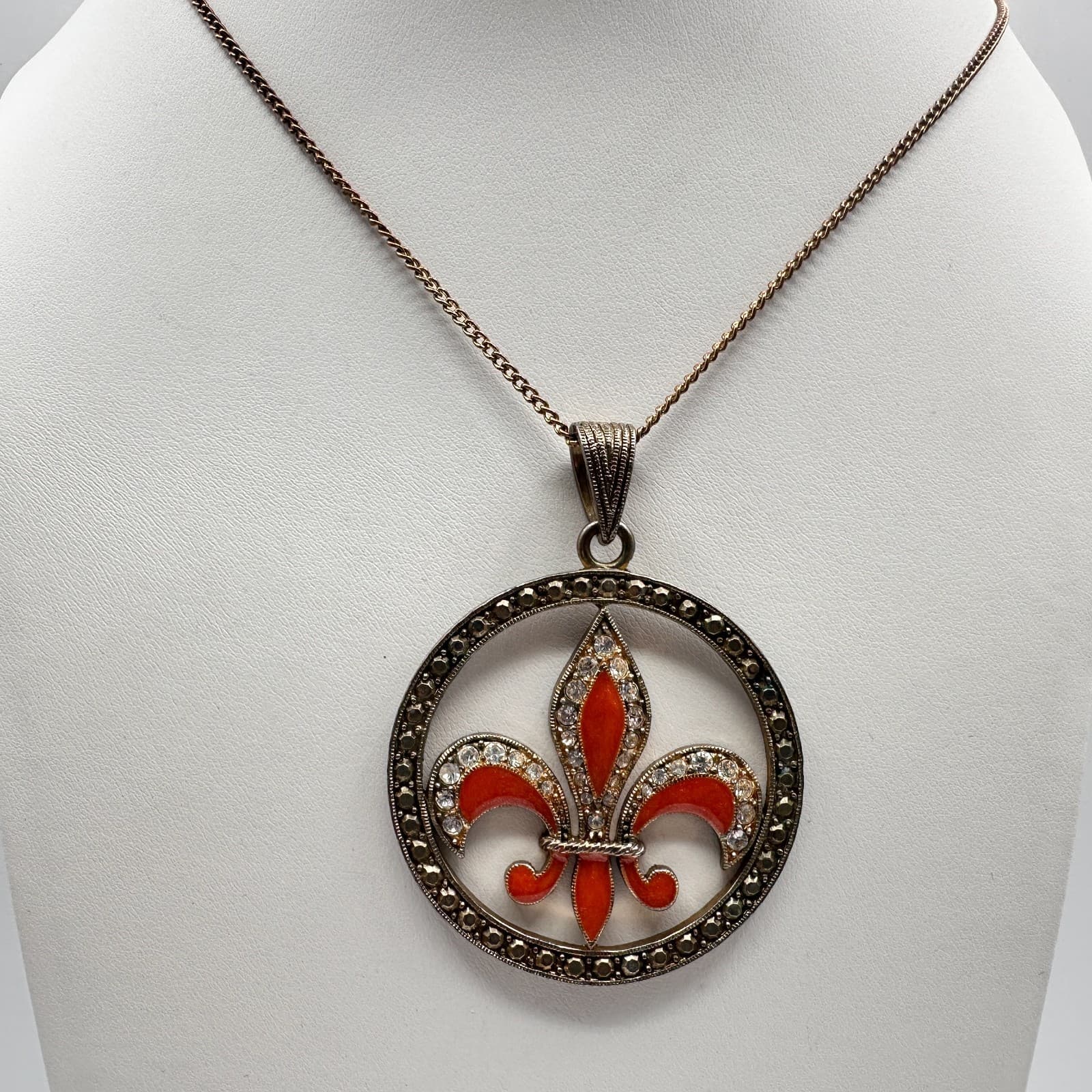 Vintage 90s Orange Fleur De Lis Pendant Necklace Multicolor Tone Women's Jewelry - Thumbnail 8