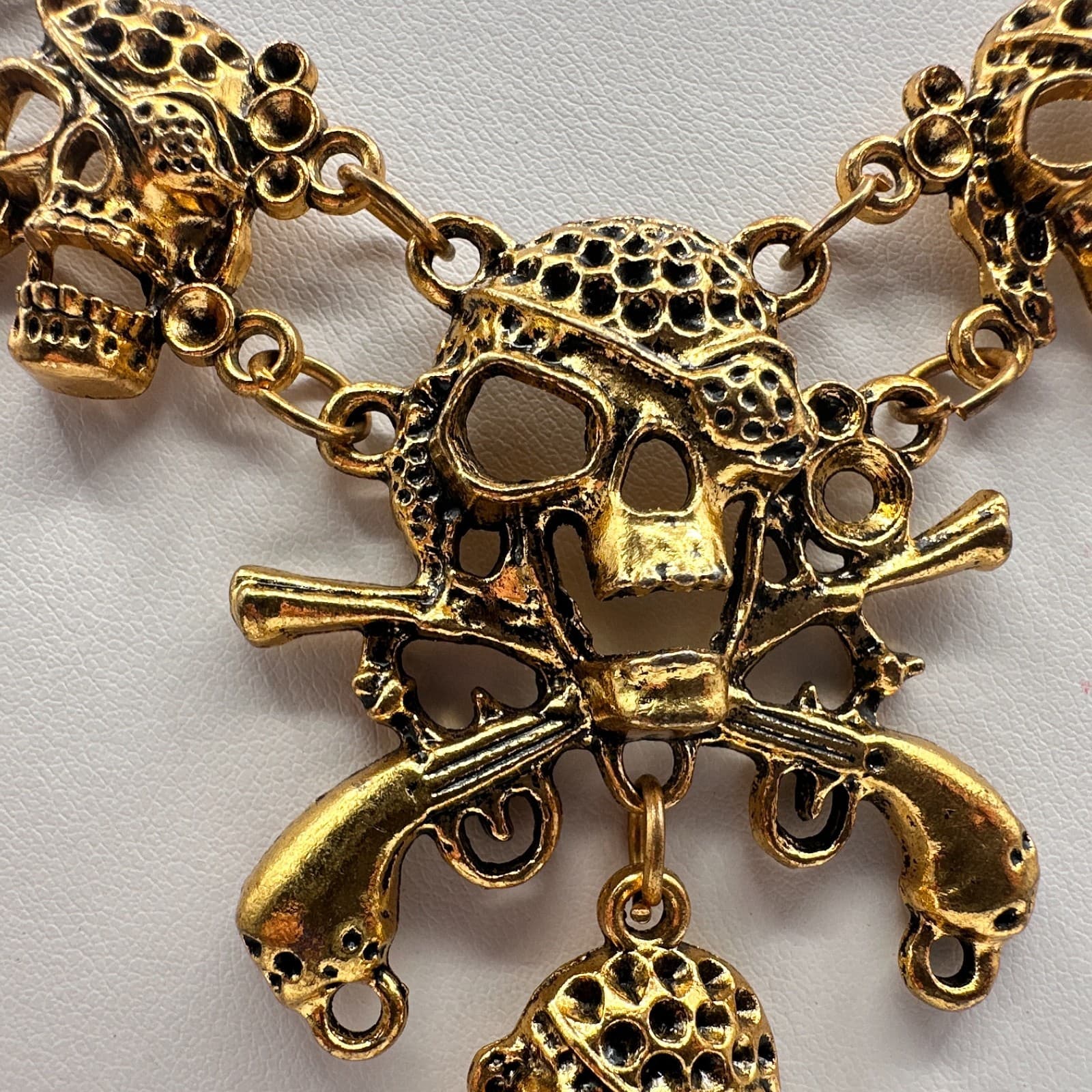 Vintage Y2K Pirate Skull Pistol Multi-Level Necklace Gold Tone Goth Punk Jewelry - Thumbnail 3