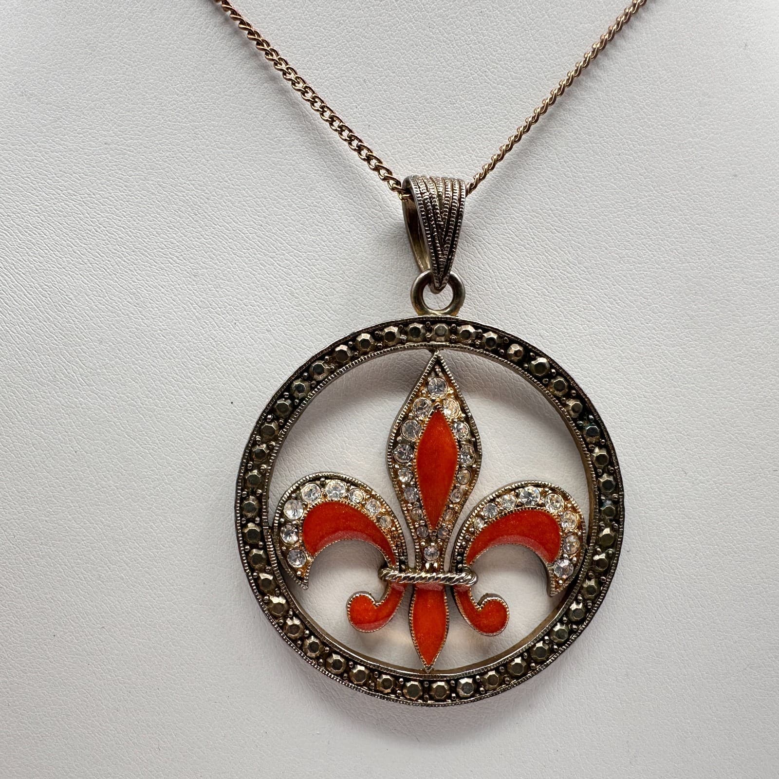 Vintage 90s Orange Fleur De Lis Pendant Necklace Multicolor Tone Women's Jewelry - Thumbnail 7