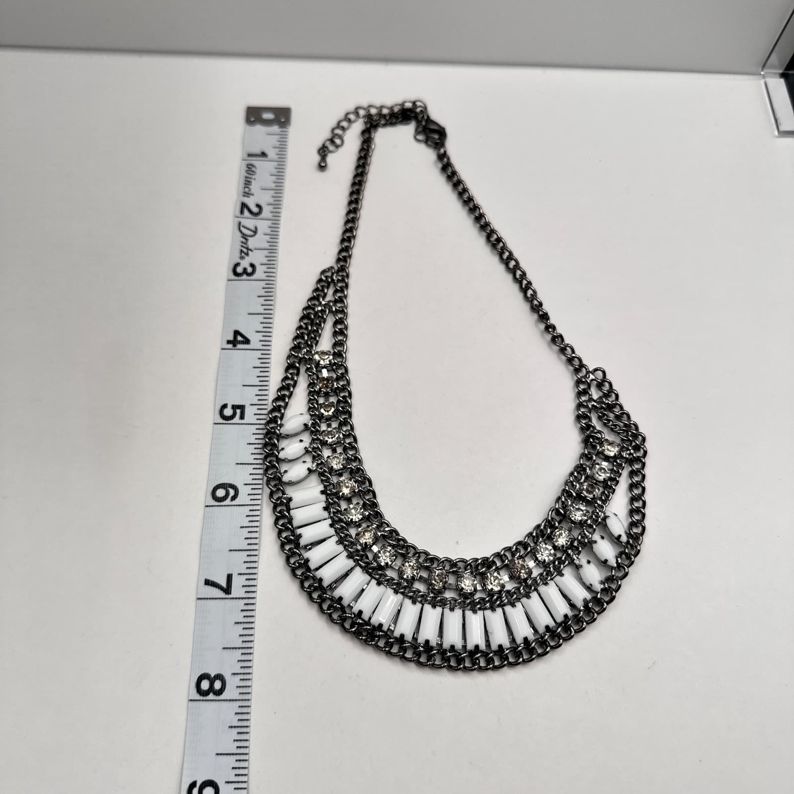 Vintage Y2K White Acrylic Baguette Necklace Layered Silver Tone Women's Jewelry - Thumbnail 8