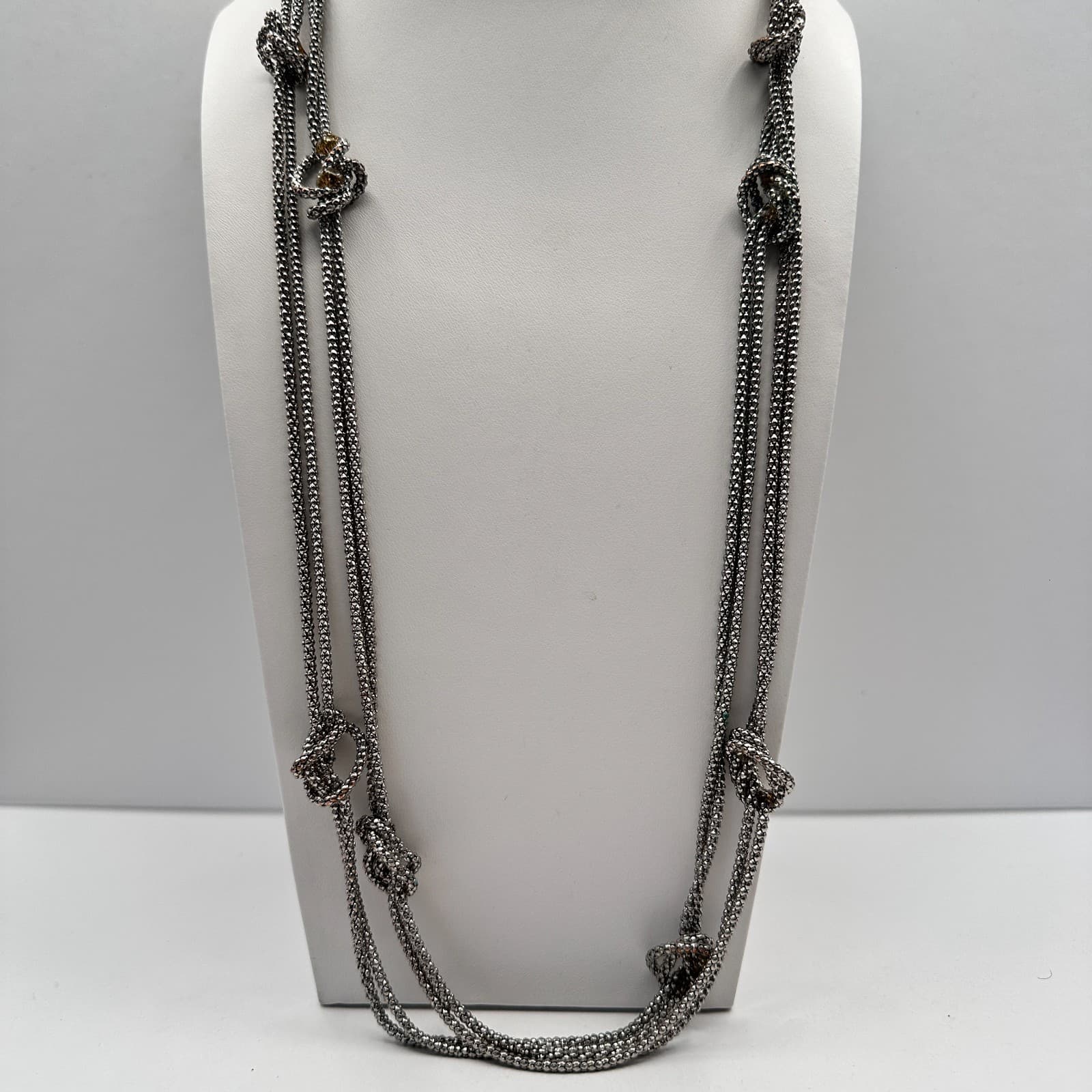 Vintage 90s Multi Strand Silver Tone Knotted Mesh Popcorn Chain Necklace Jewelry - Thumbnail 2