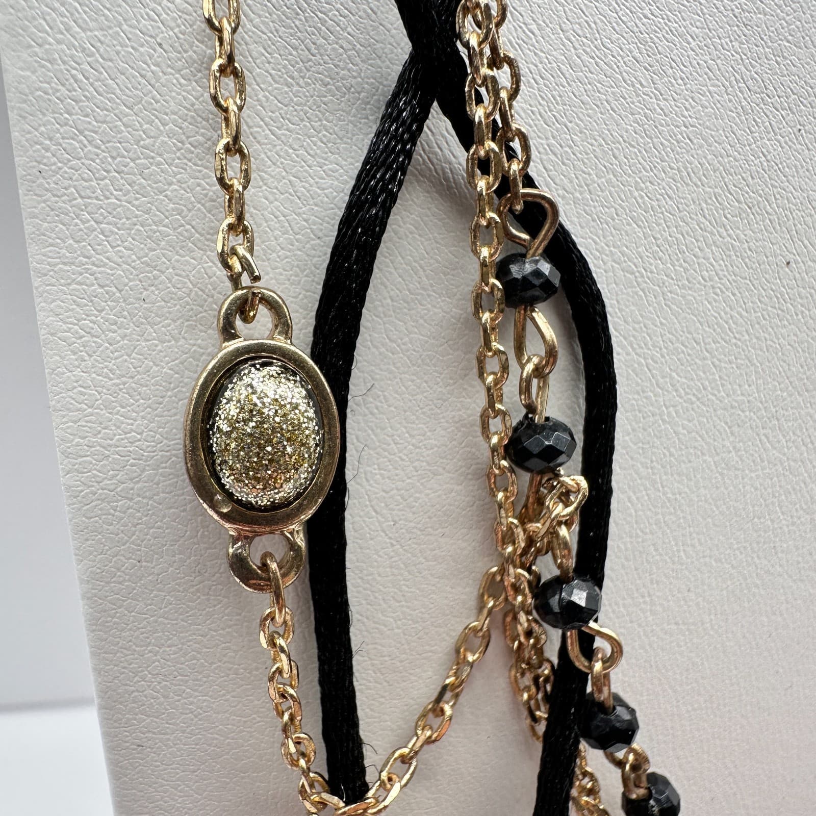 Vintage 90s Multi Strand Beads Black Cord Necklace Gold Tone Women's Jewelry - Thumbnail 5