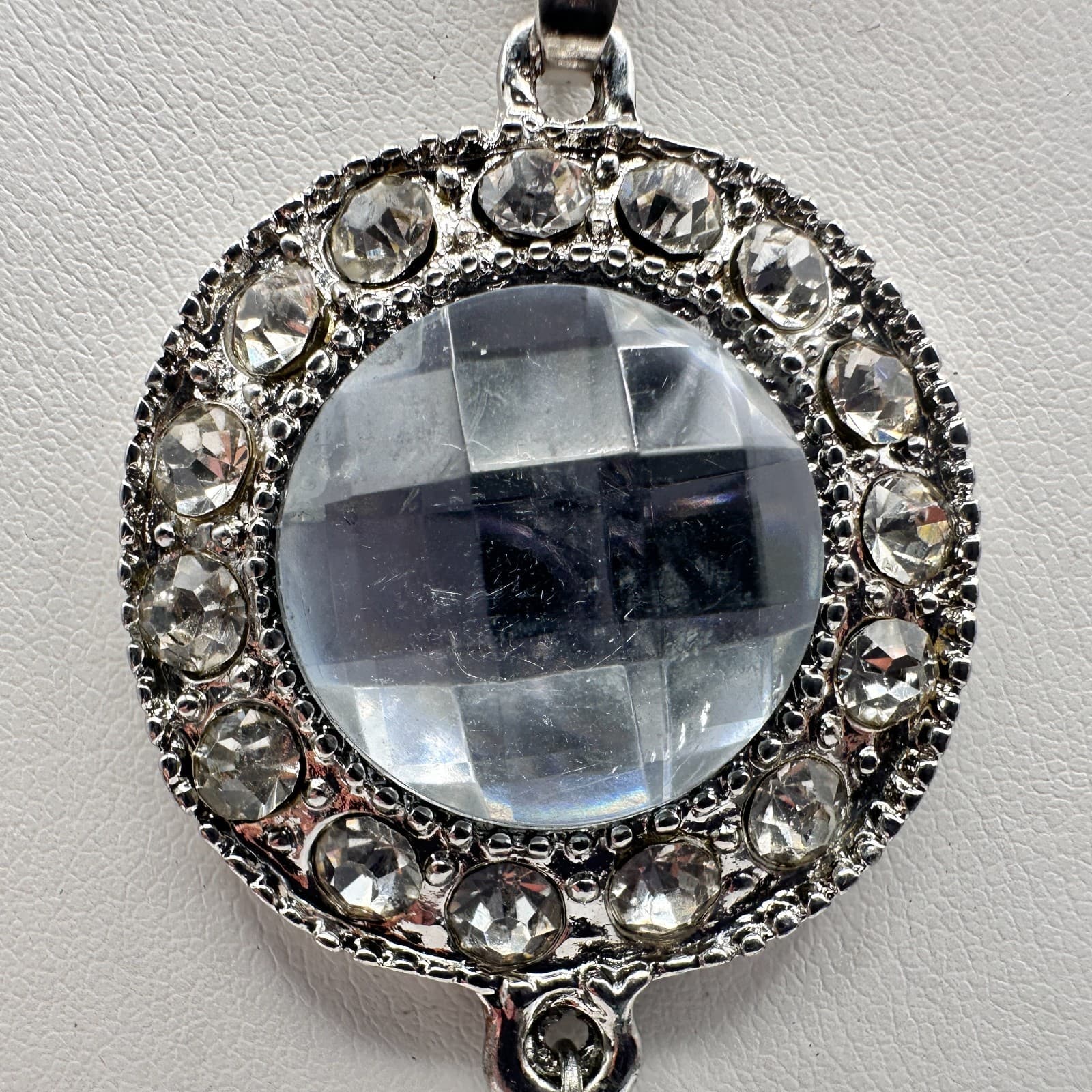 Vintage 90s Clear Crystal Pendant Tassel Necklace Silver Tone Women's Jewelry - Thumbnail 3