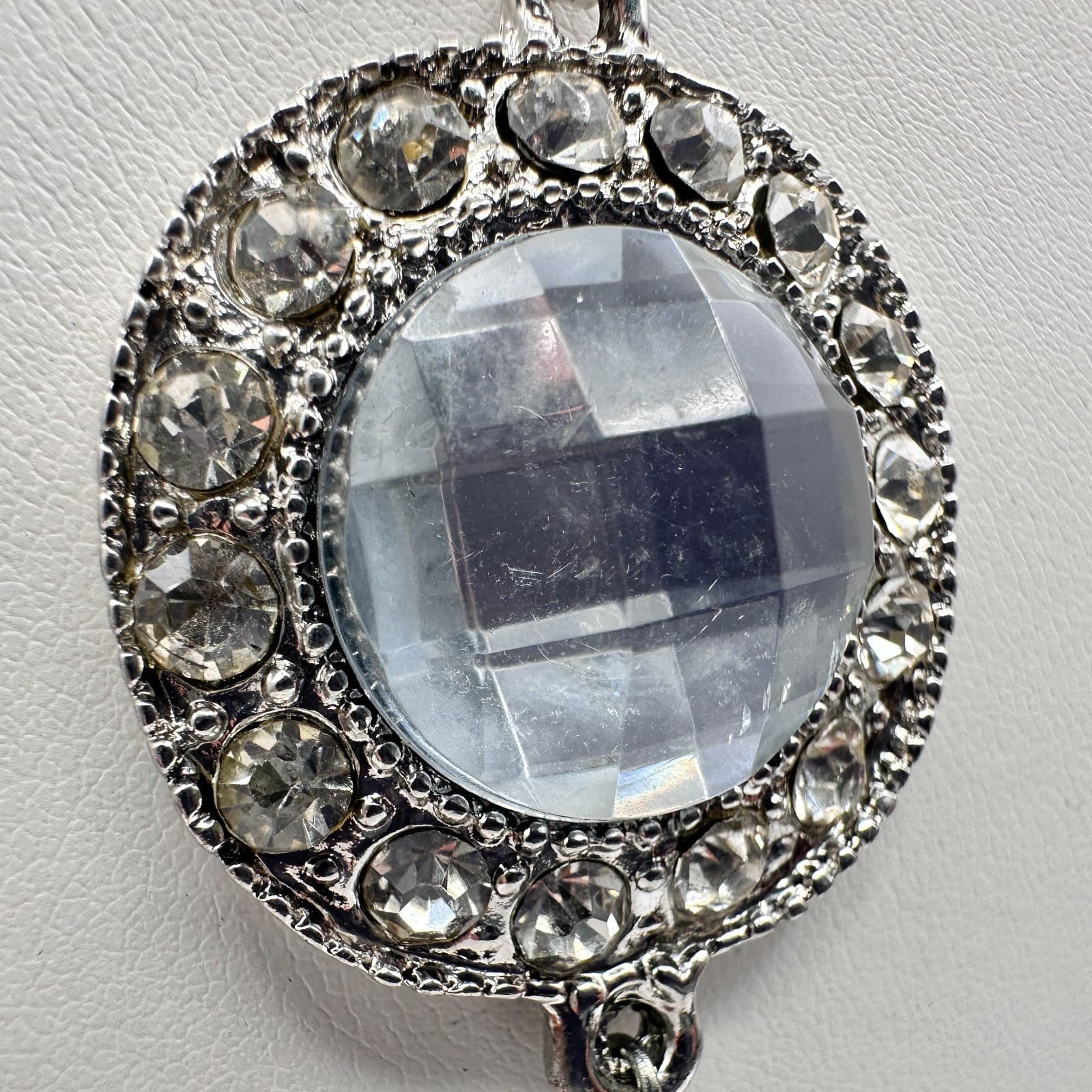 Vintage 90s Clear Crystal Pendant Tassel Necklace Silver Tone Women's Jewelry - Thumbnail 4