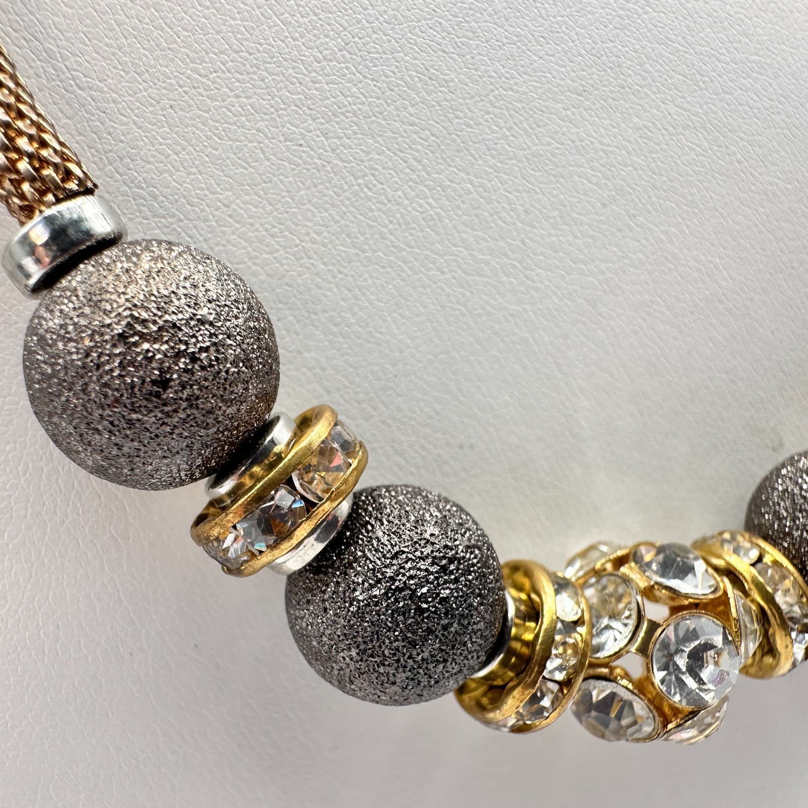 Vintage Y2K Gray Stardust Beads Rhinestone Mesh chain Gold tone Necklace Jewelry - Thumbnail 5