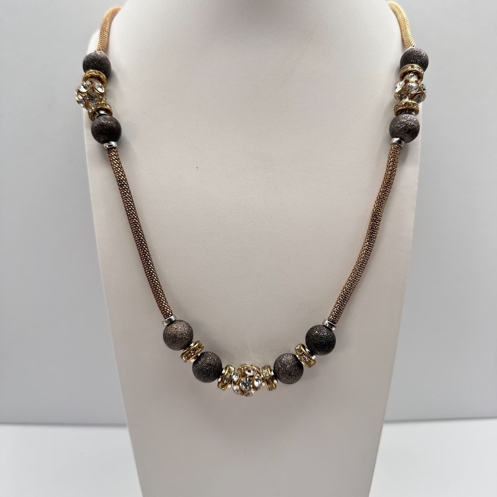 Vintage Y2K Gray Stardust Beads Rhinestone Mesh chain Gold tone Necklace Jewelry - Thumbnail 2