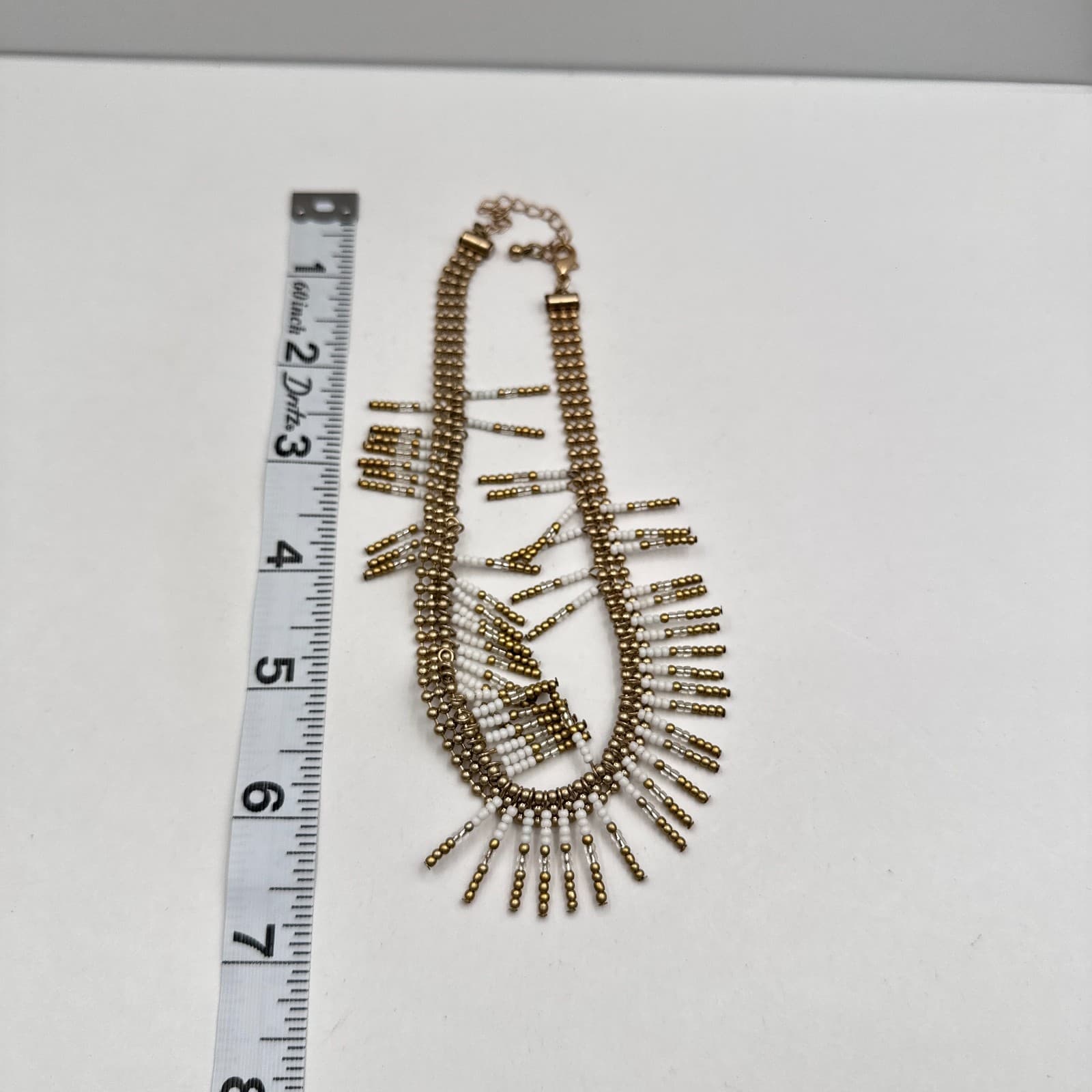 Vintage 90s White Seed Bead Tiered Fringe Necklace Gold Tone Women's Jewelry - Thumbnail 8