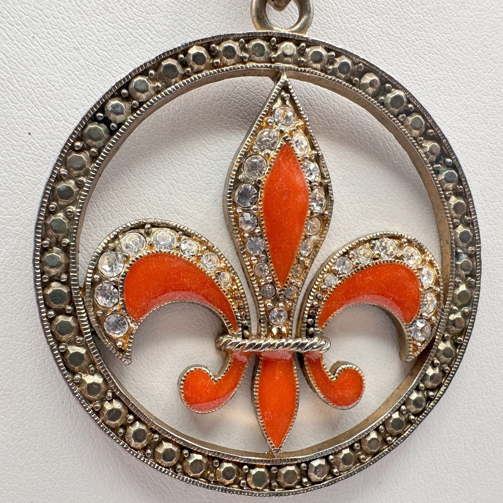 Vintage 90s Orange Fleur De Lis Pendant Necklace Multicolor Tone Women's Jewelry - Thumbnail 4