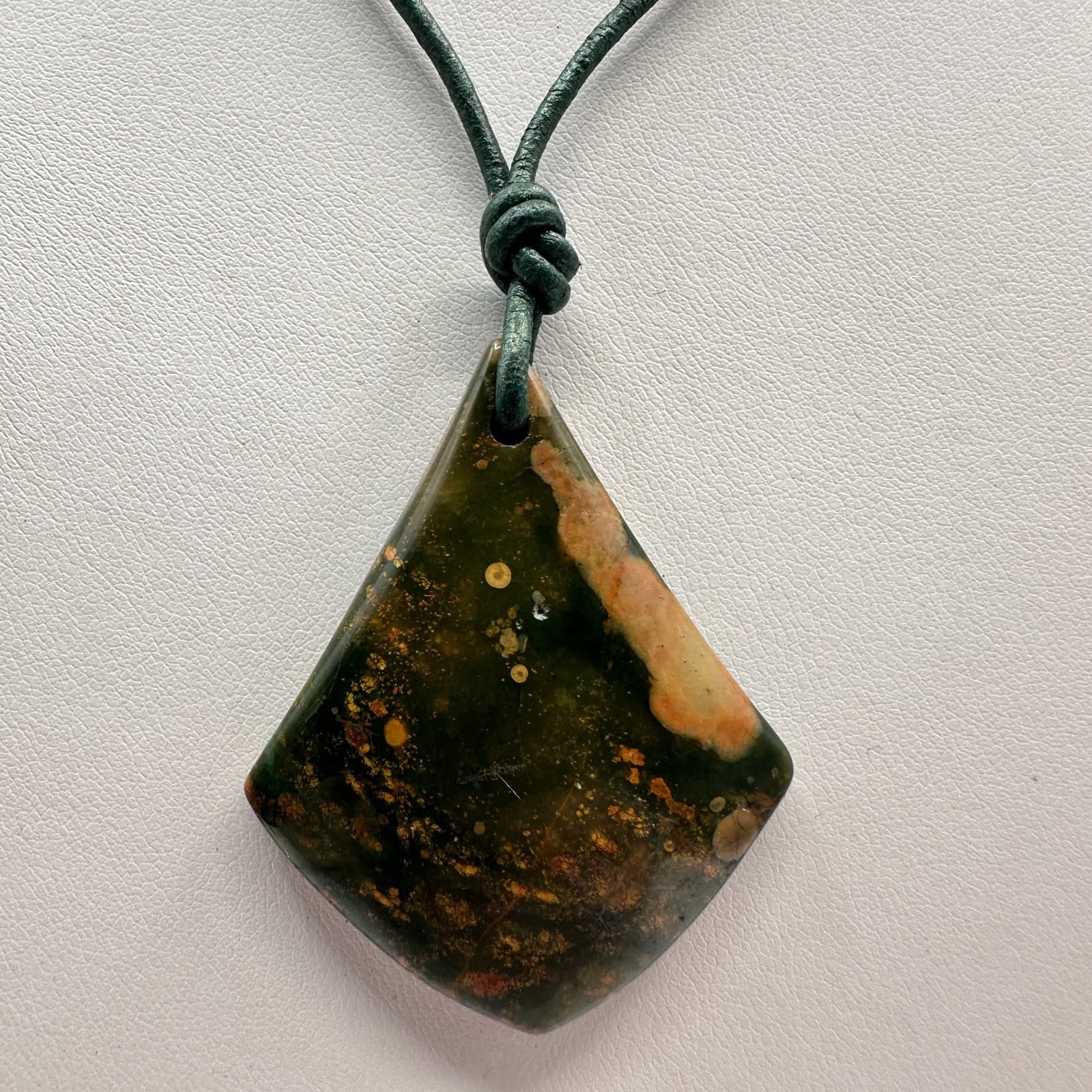Vintage 90s Green Lozenge Jasper Pendant Necklace Rustic Tone Women's Jewelry - Image 1