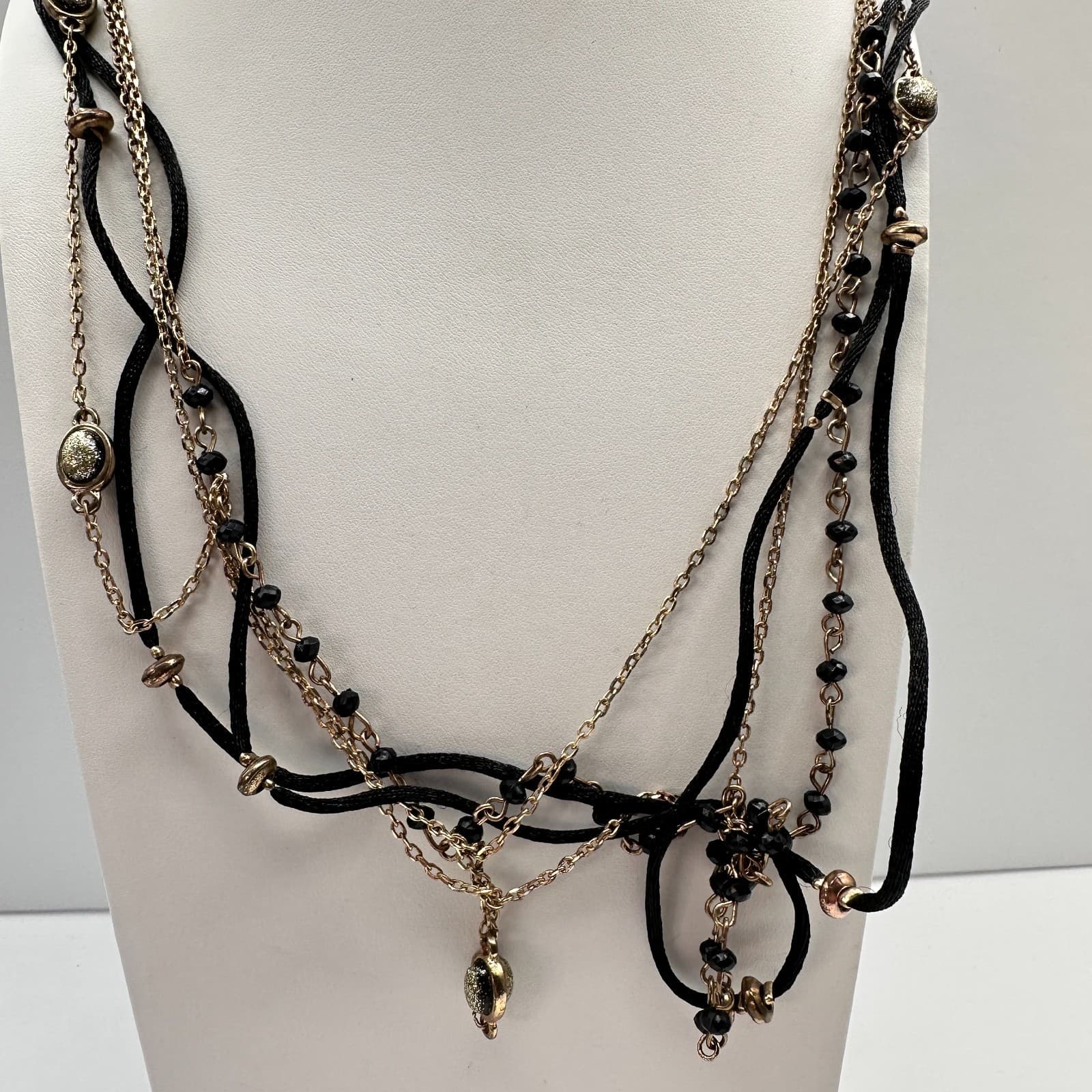 Vintage 90s Multi Strand Beads Black Cord Necklace Gold Tone Women's Jewelry - Thumbnail 2