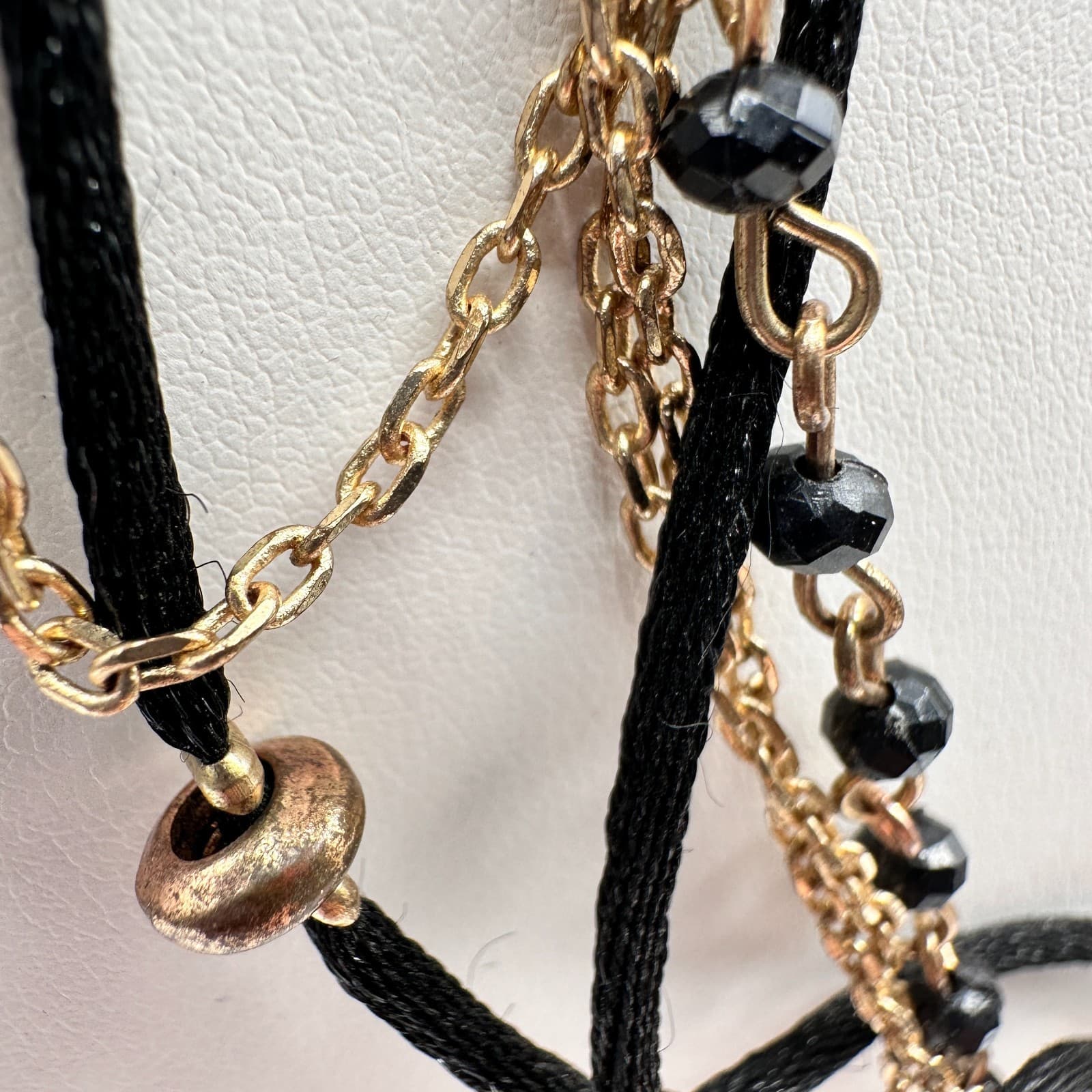 Vintage 90s Multi Strand Beads Black Cord Necklace Gold Tone Women's Jewelry - Thumbnail 7