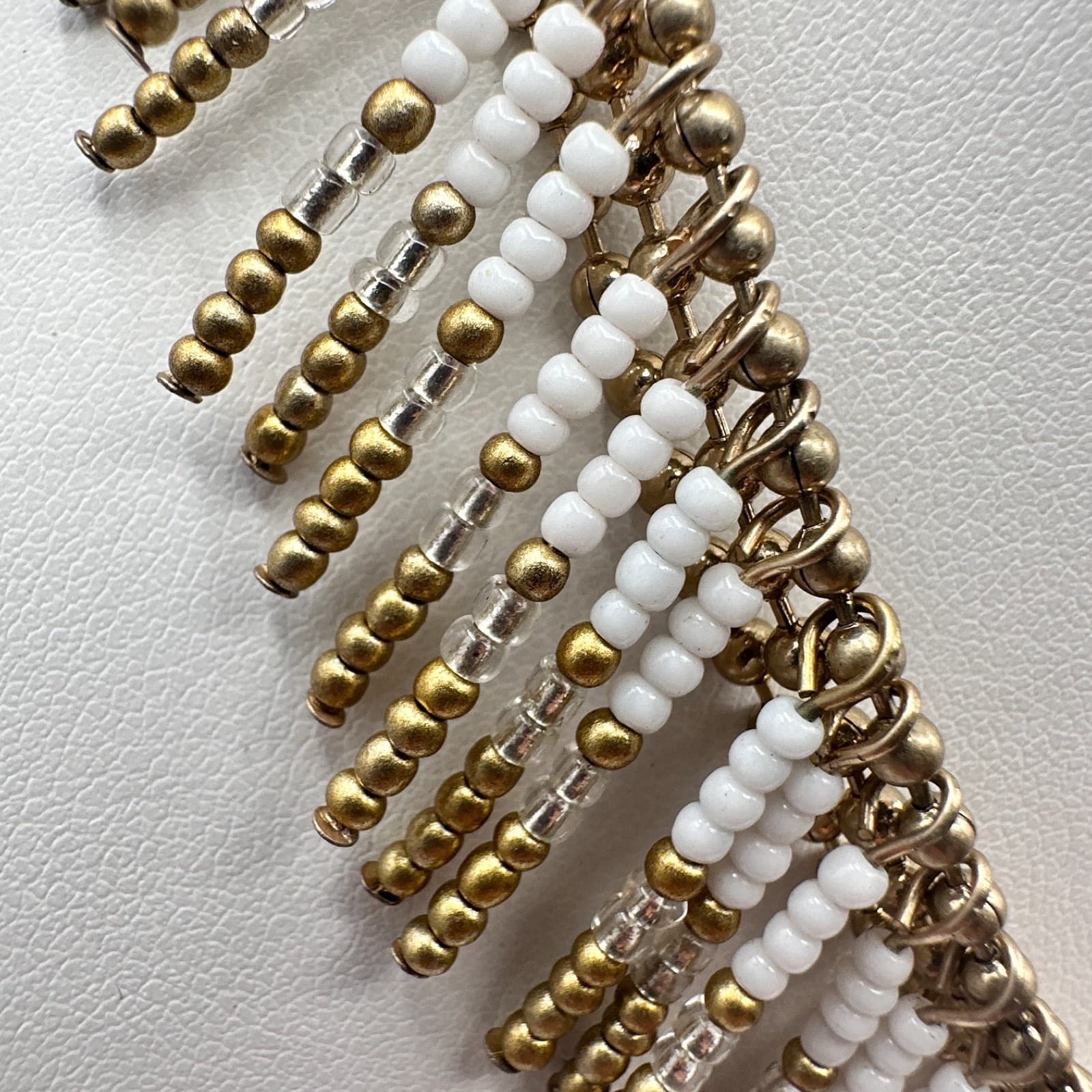 Vintage 90s White Seed Bead Tiered Fringe Necklace Gold Tone Women's Jewelry - Thumbnail 6