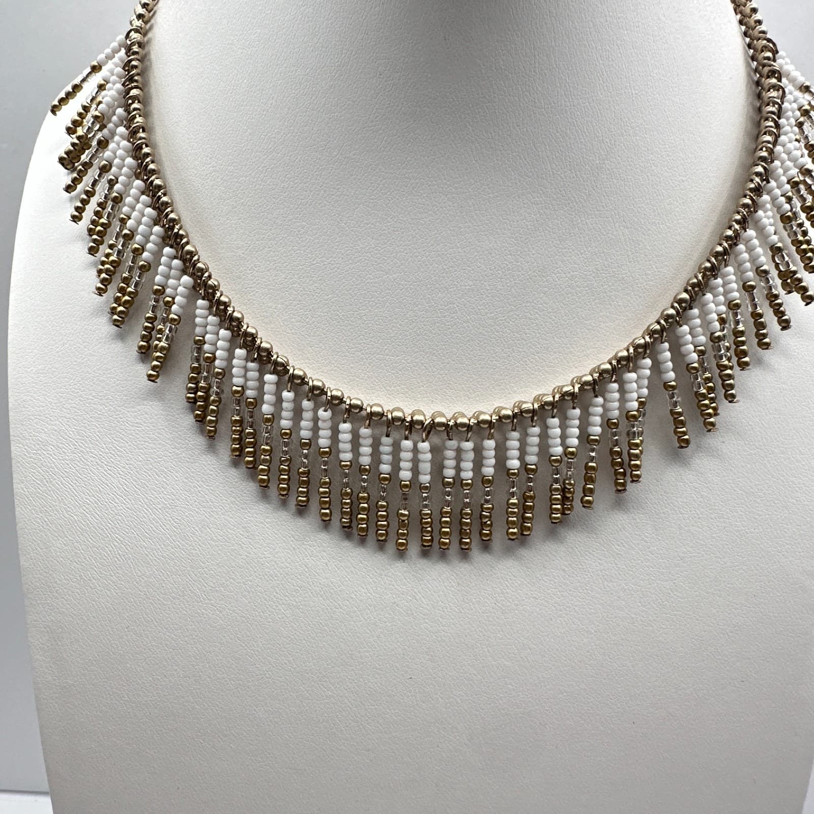 Vintage 90s White Seed Bead Tiered Fringe Necklace Gold Tone Women's Jewelry - Thumbnail 7