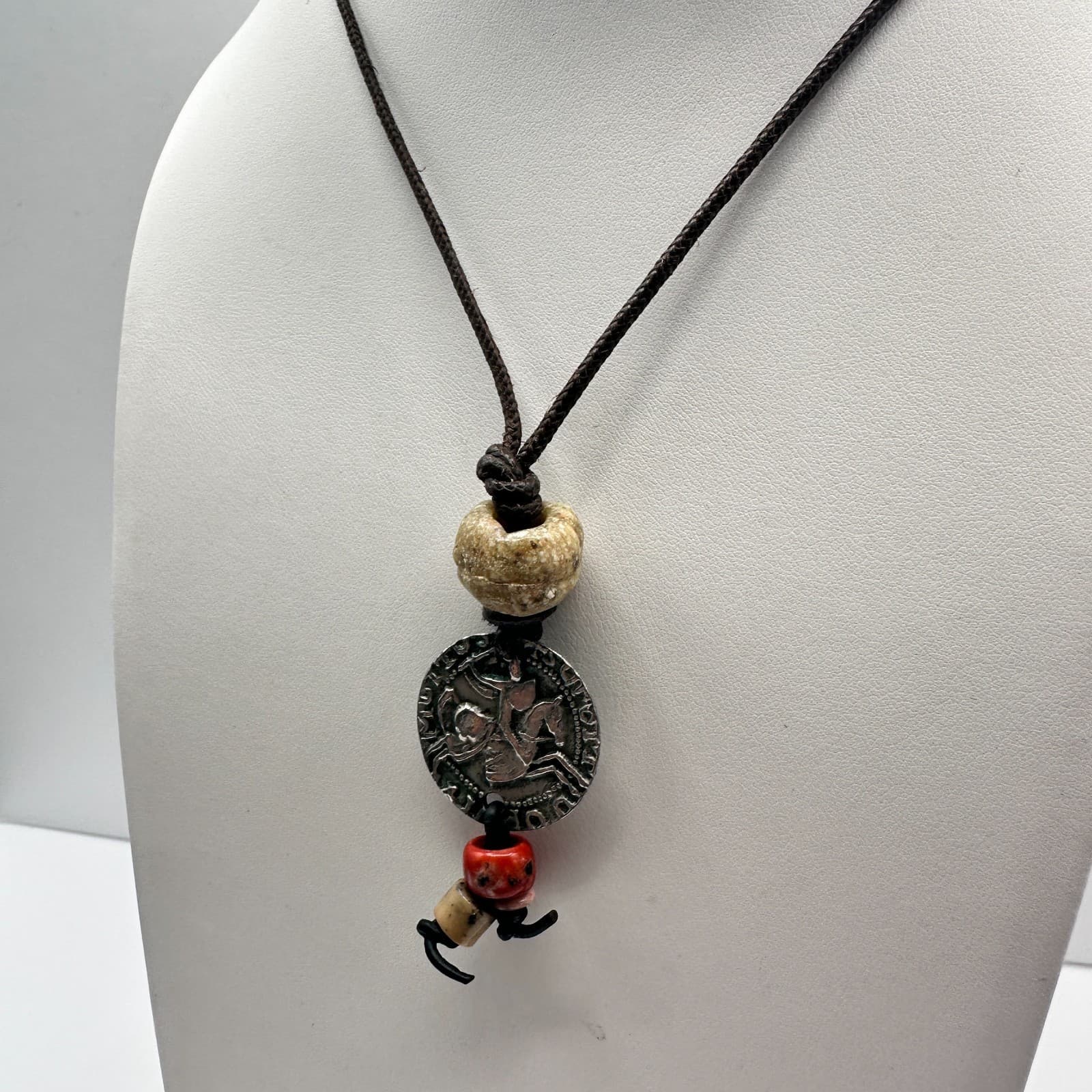 Vintage 90s Ceramic Bead Round Coin Necklace Silver Tone Women's Jewelry - Thumbnail 8