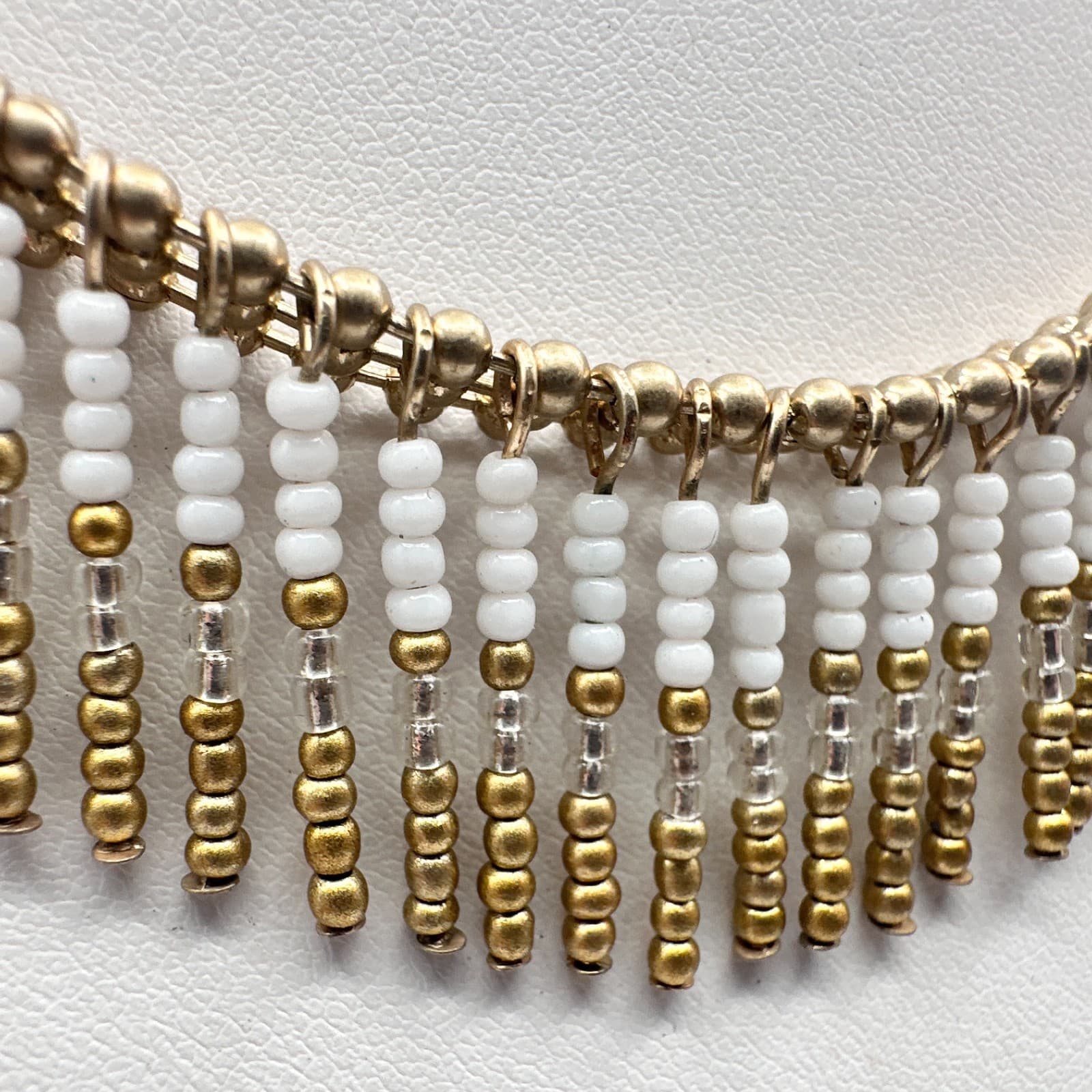 Vintage 90s White Seed Bead Tiered Fringe Necklace Gold Tone Women's Jewelry - Thumbnail 5