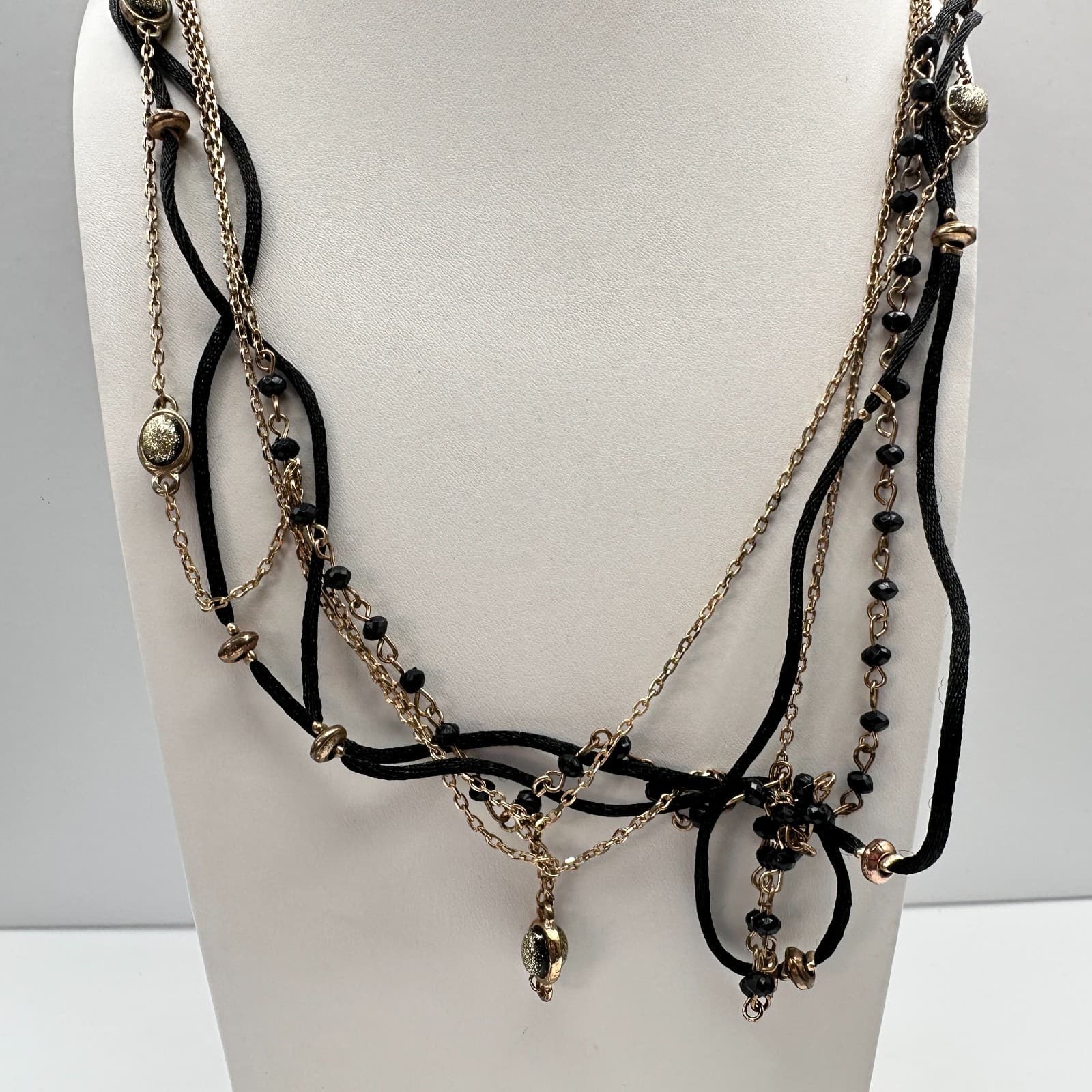 Vintage 90s Multi Strand Beads Black Cord Necklace Gold Tone Women's Jewelry - Thumbnail 4
