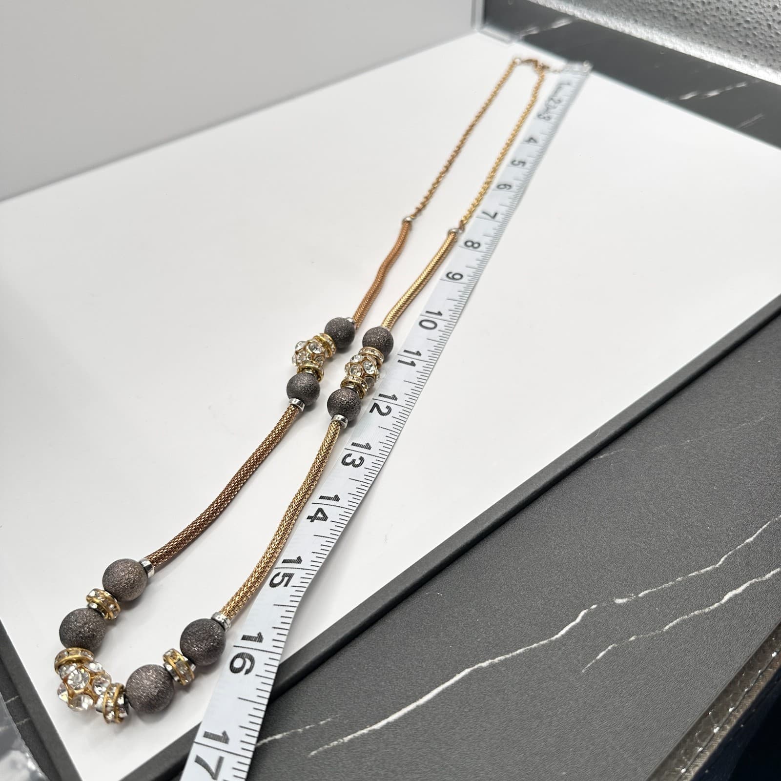 Vintage Y2K Gray Stardust Beads Rhinestone Mesh chain Gold tone Necklace Jewelry - Thumbnail 9