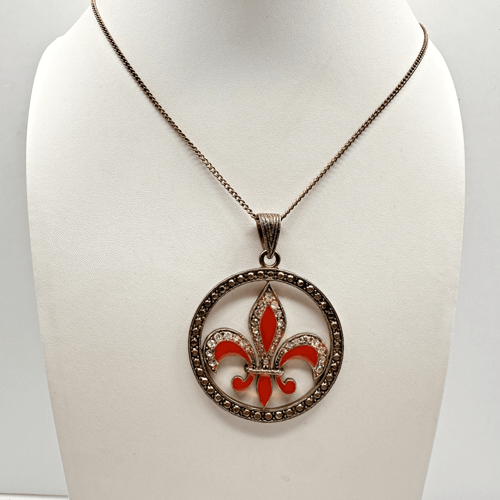 Vintage 90s Orange Fleur De Lis Pendant Necklace Multicolor Tone Women's Jewelry - Image 1