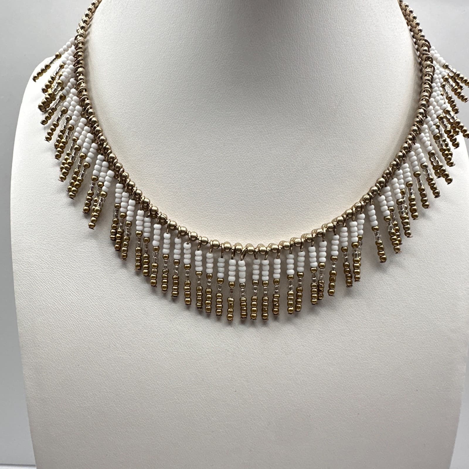 Vintage 90s White Seed Bead Tiered Fringe Necklace Gold Tone Women's Jewelry - Thumbnail 2
