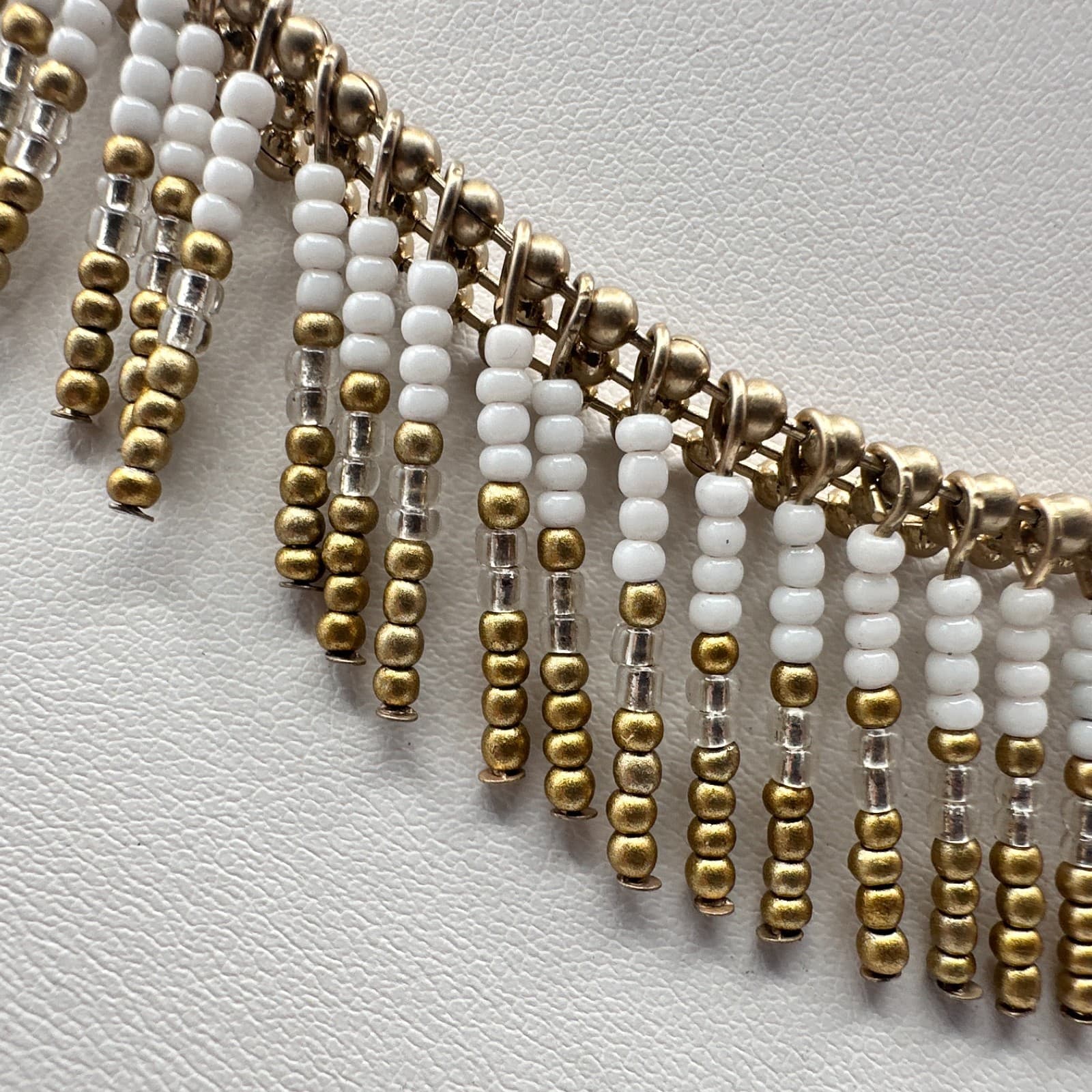 Vintage 90s White Seed Bead Tiered Fringe Necklace Gold Tone Women's Jewelry - Thumbnail 4