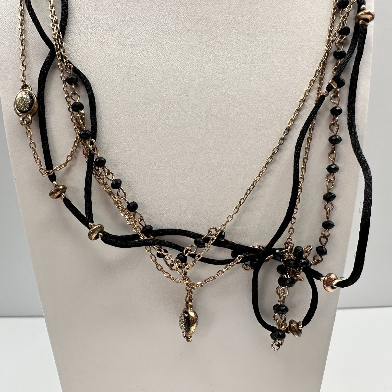 Vintage 90s Multi Strand Beads Black Cord Necklace Gold Tone Women's Jewelry - Thumbnail 3