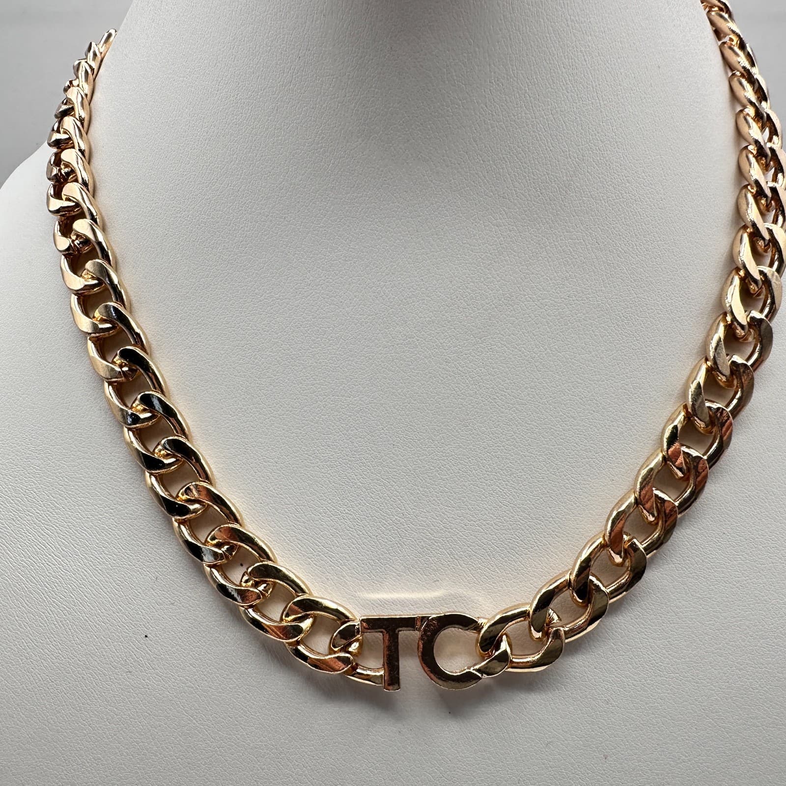 Vintage Y2K Tres Colori Gold Tone Chunky Curb Chain Necklace Statement Jewelry - Thumbnail 2