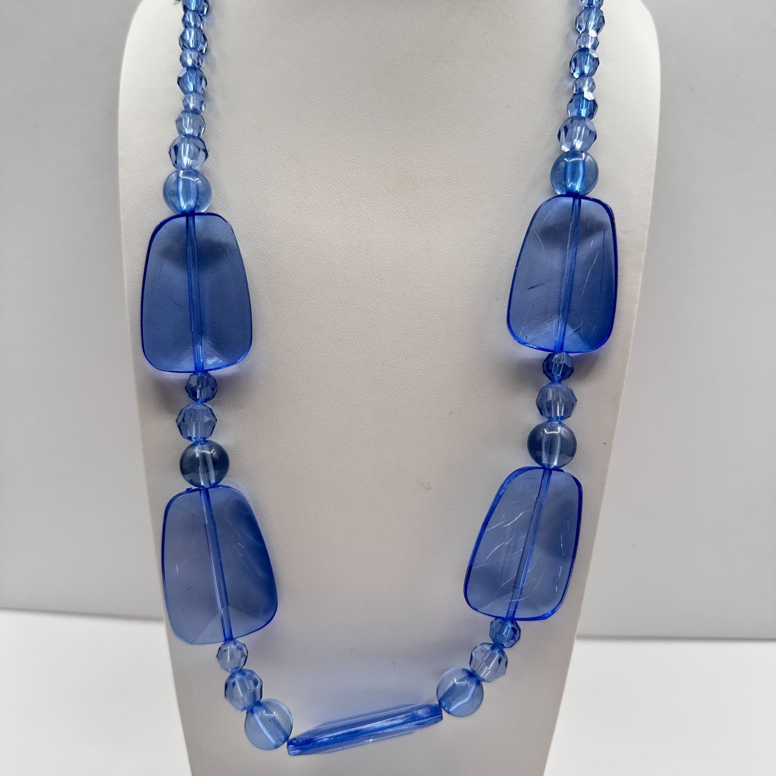 Vintage 90s Y2K Chunky Blue Beaded Glass Statement Necklace Boho Women's Jewelry - Thumbnail 6