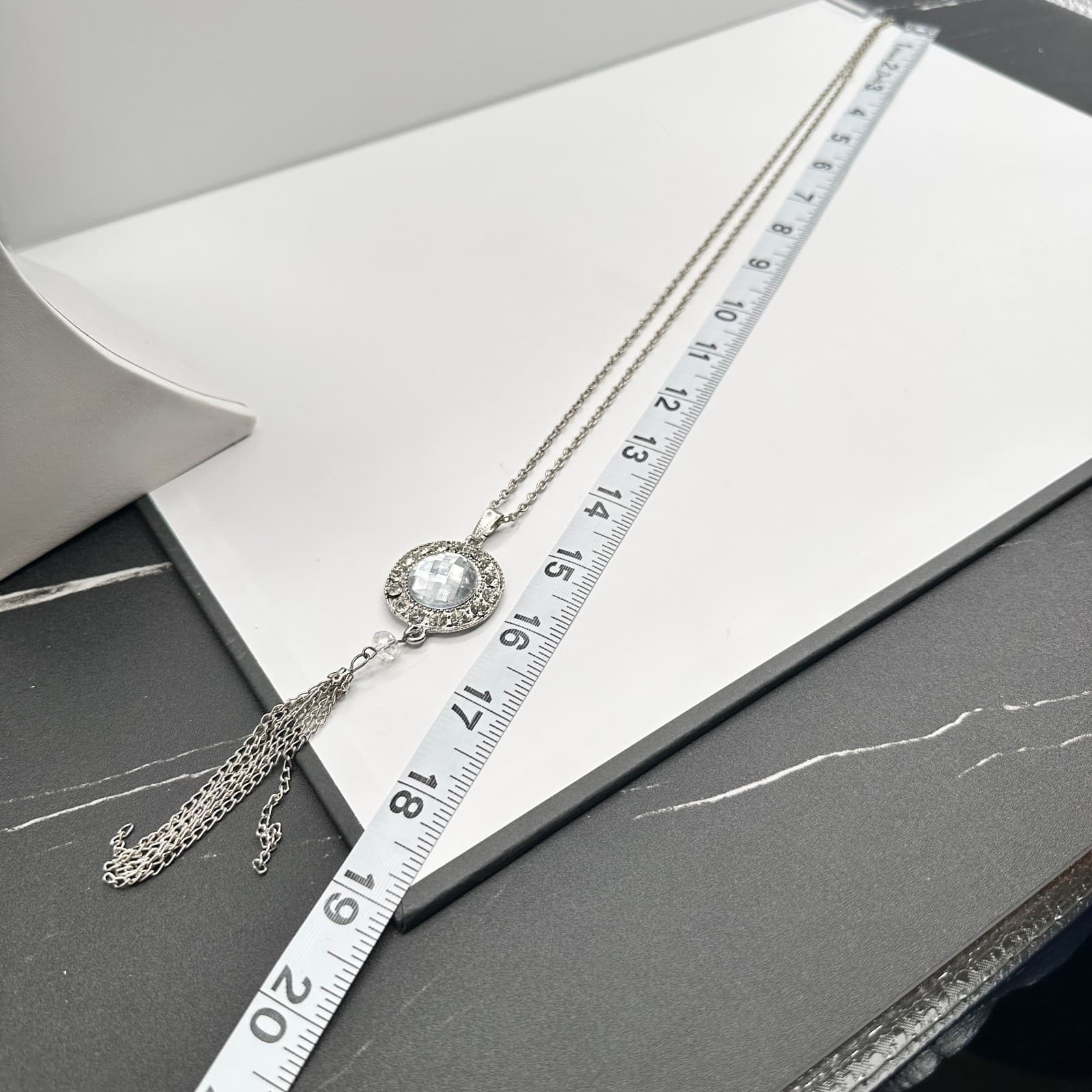 Vintage 90s Clear Crystal Pendant Tassel Necklace Silver Tone Women's Jewelry - Thumbnail 9