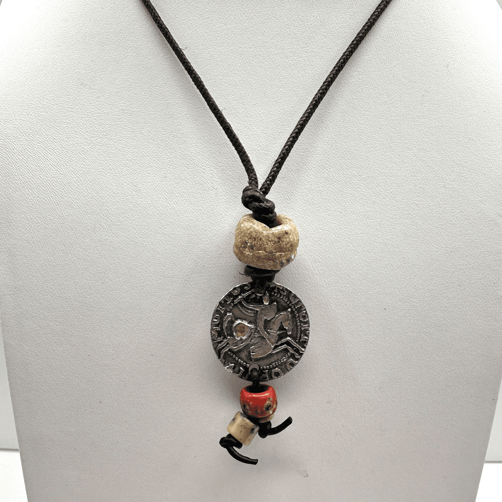 Vintage 90s Ceramic Bead Round Coin Necklace Silver Tone Women's Jewelry - Image 1