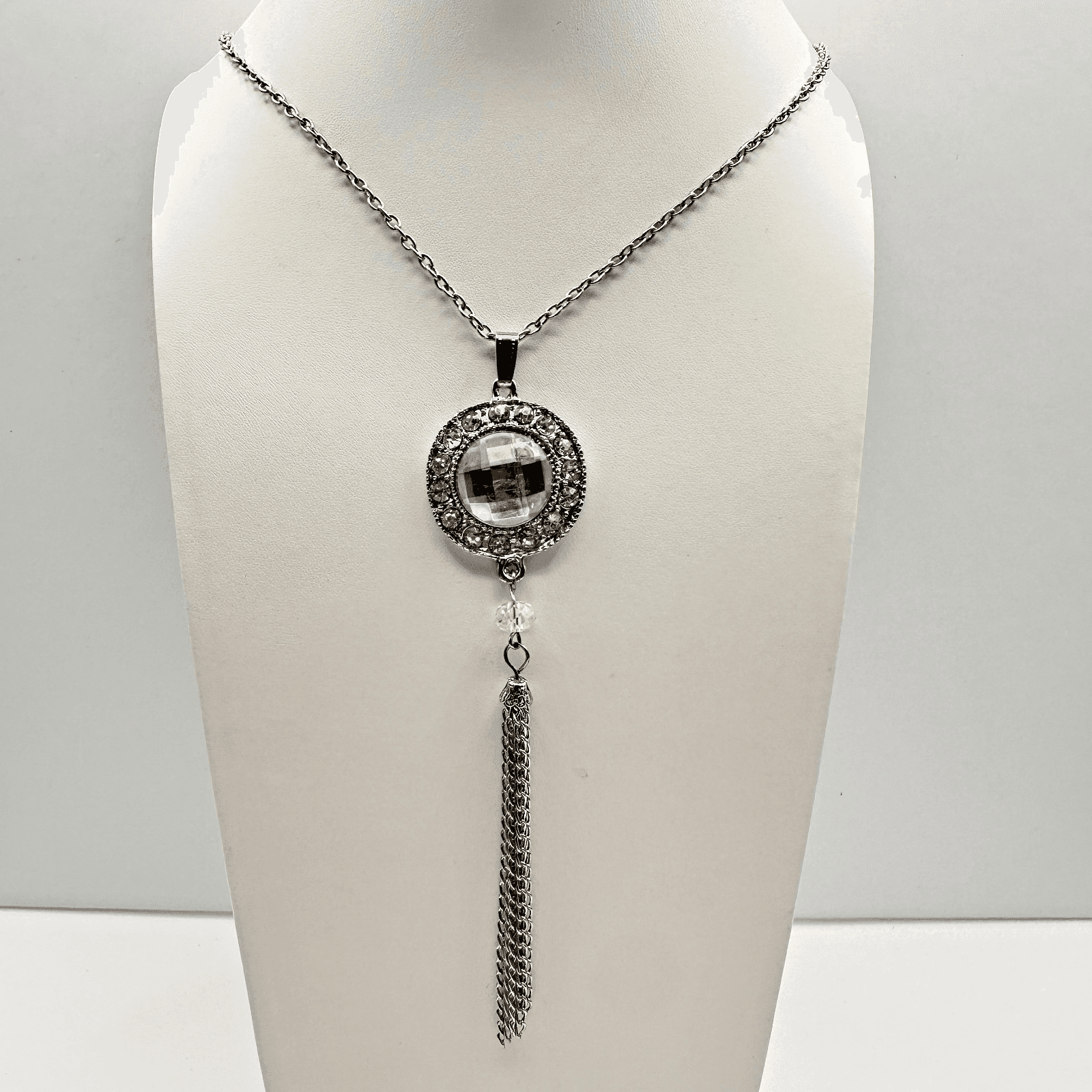 Vintage 90s Clear Crystal Pendant Tassel Necklace Silver Tone Women's Jewelry - Image 1