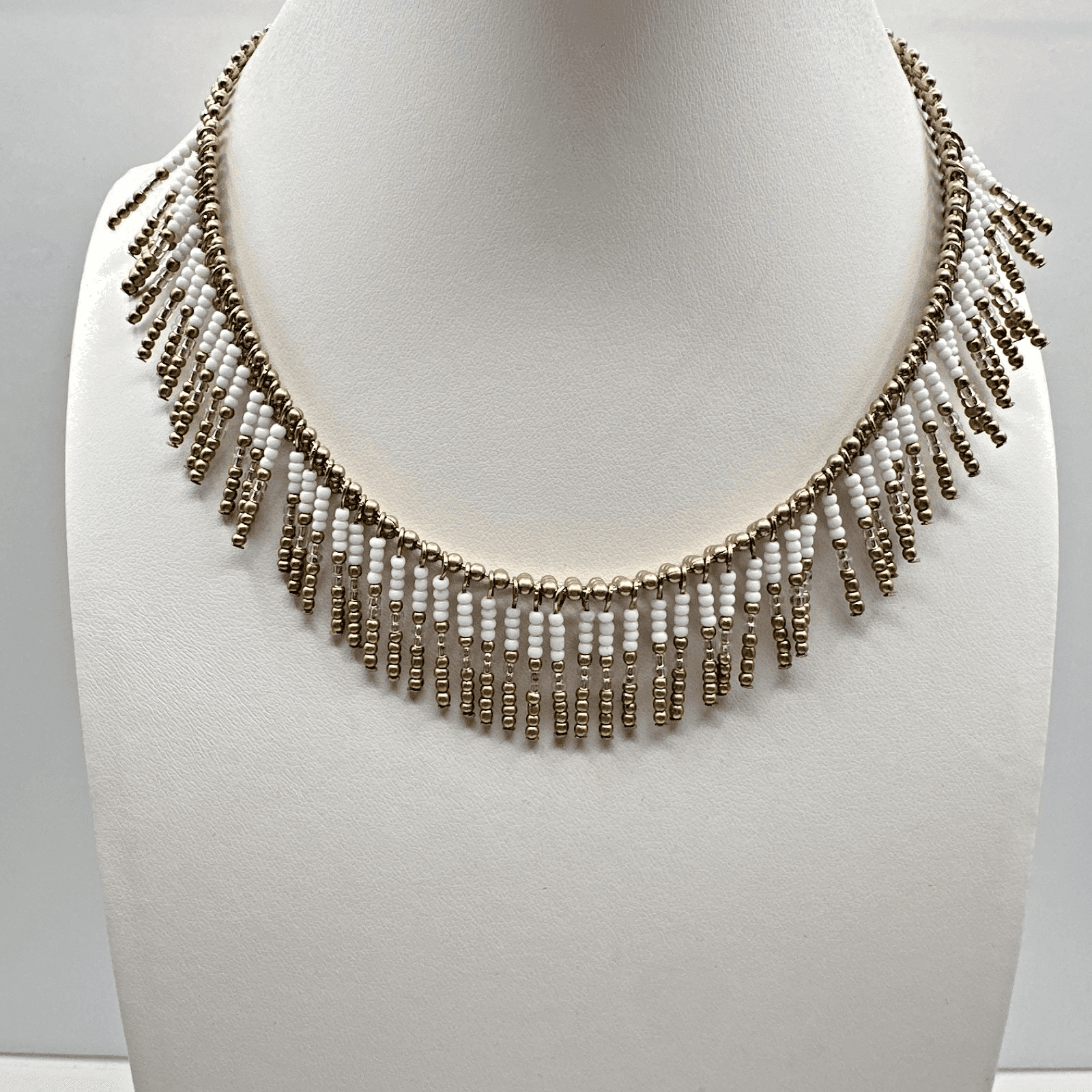 Vintage 90s White Seed Bead Tiered Fringe Necklace Gold Tone Women's Jewelry - Image 1