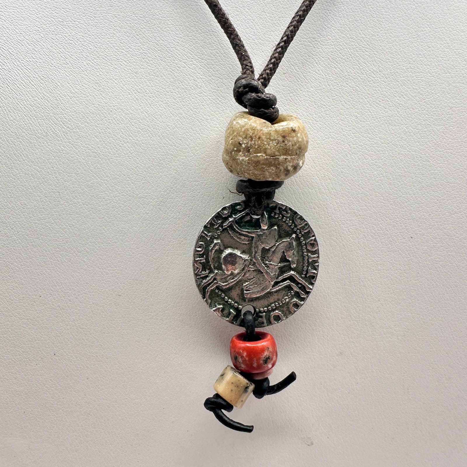 Vintage 90s Ceramic Bead Round Coin Necklace Silver Tone Women's Jewelry - Thumbnail 2