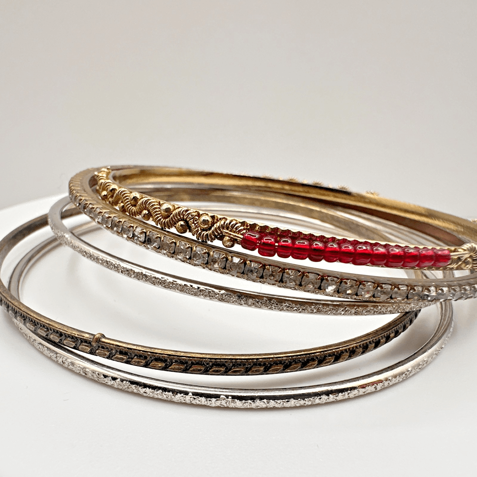 Vintage 90s Mixed Stack Bangle Bracelets Red Beads Multicolor Tone Jewelry - Image 1