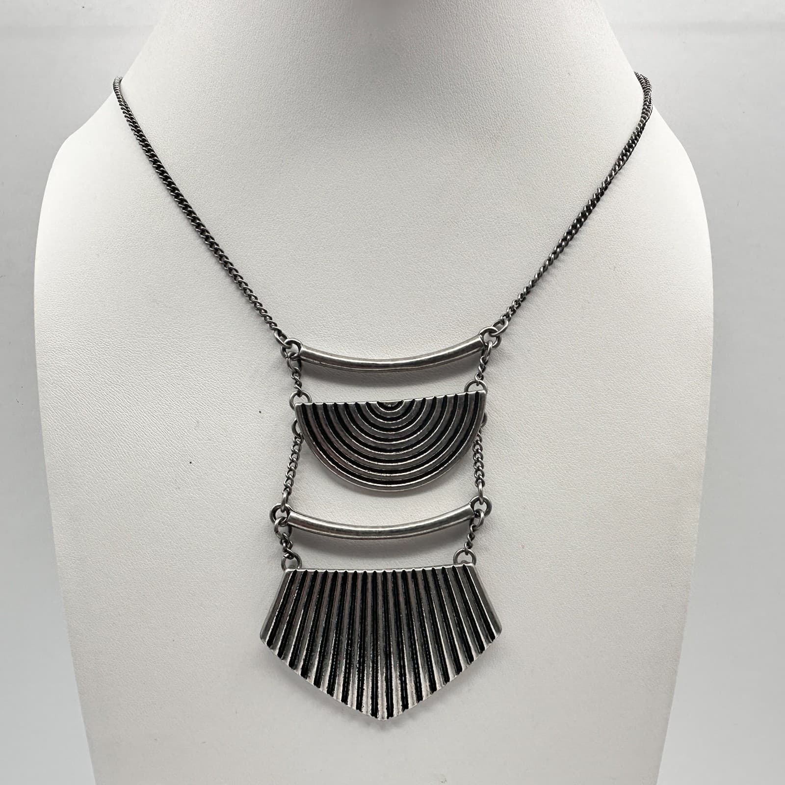 Vintage 90s Silver Tone Geometric Statement Necklace Tiered Bib Boho Jewelry - Image 1