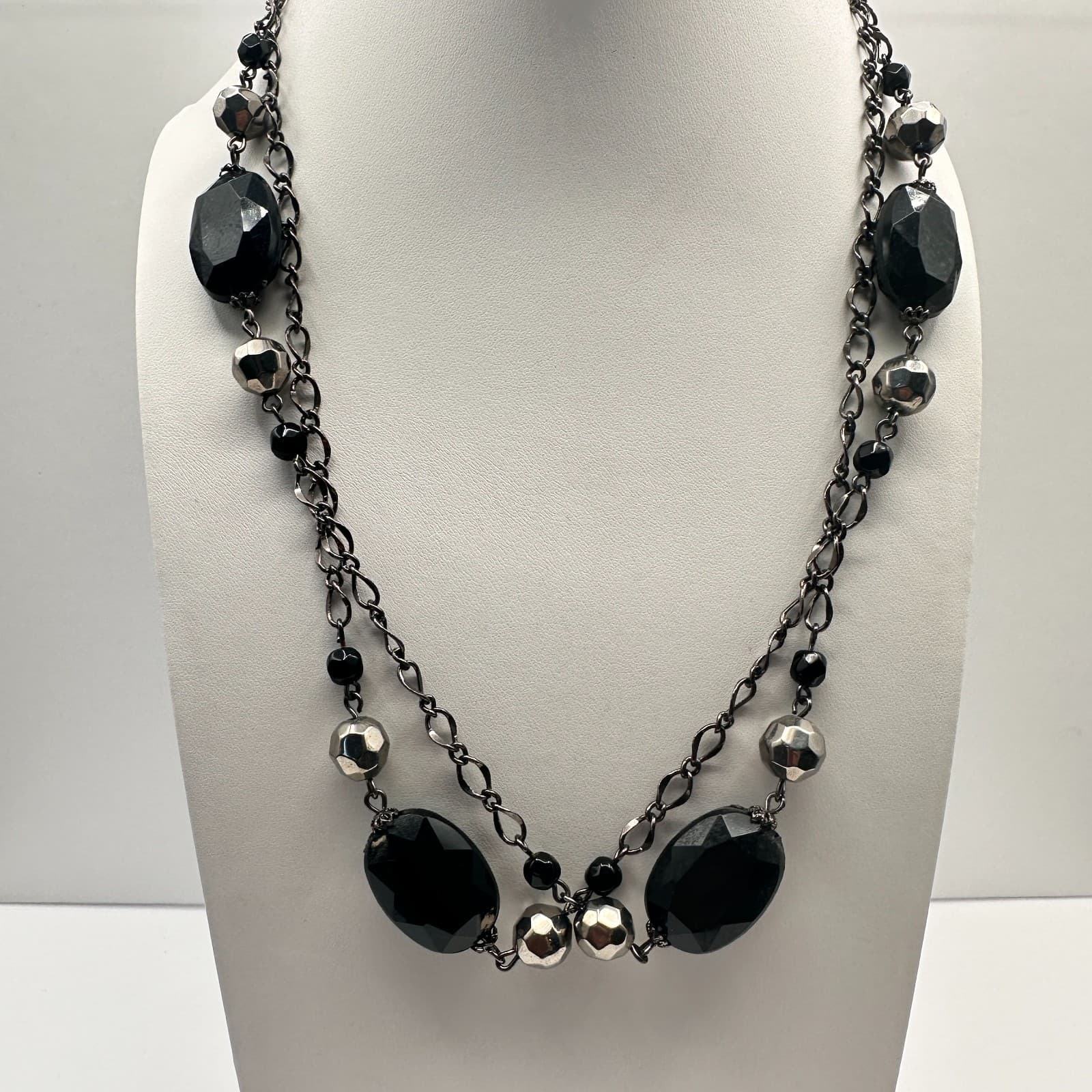Vintage Y2K Multi Strand Necklace Black Faceted Beaded Silver Tone Boho Jewelry - Thumbnail 9