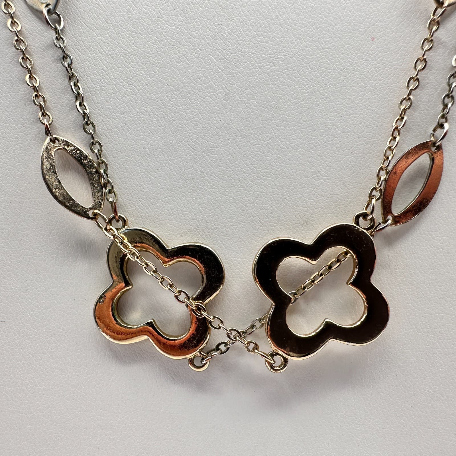 Vintage Y2K Multi Strand Necklace Gold Tone Quatrefoil Oval Link Chain Jewelry - Thumbnail 3