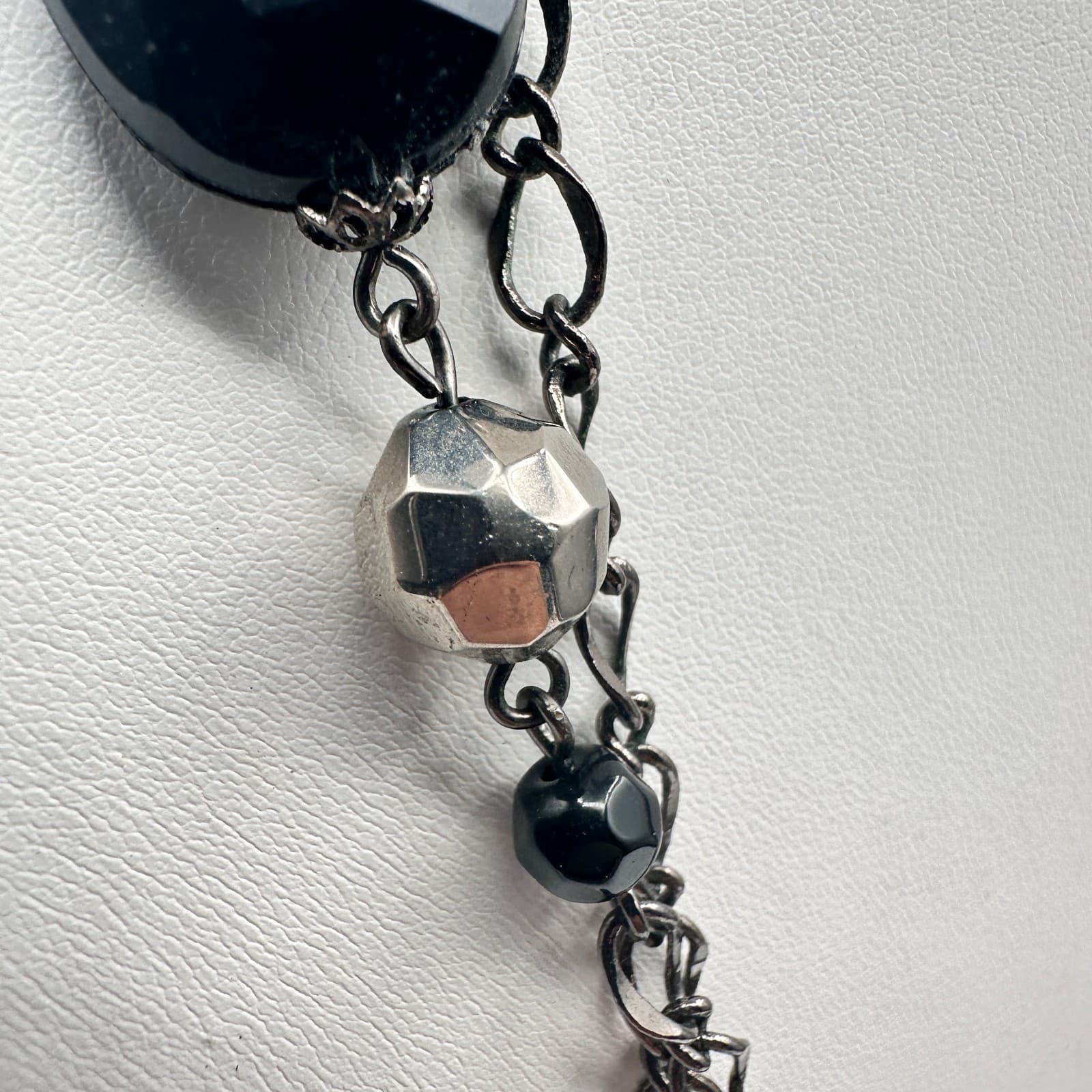Vintage Y2K Multi Strand Necklace Black Faceted Beaded Silver Tone Boho Jewelry - Thumbnail 6