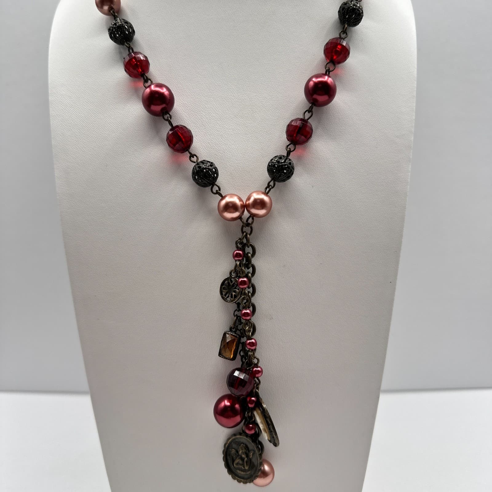 Vintage 90s Avon Beaded Charm Lariat Necklace Cameo Angel Heart Women's Jewelry - Thumbnail 7