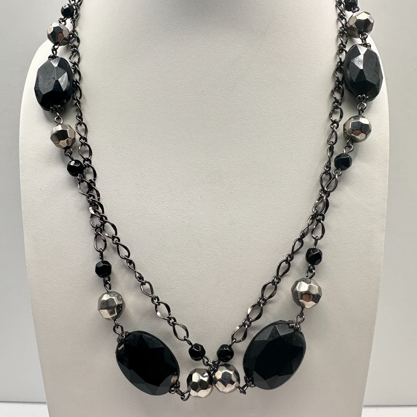 Vintage Y2K Multi Strand Necklace Black Faceted Beaded Silver Tone Boho Jewelry - Thumbnail 2