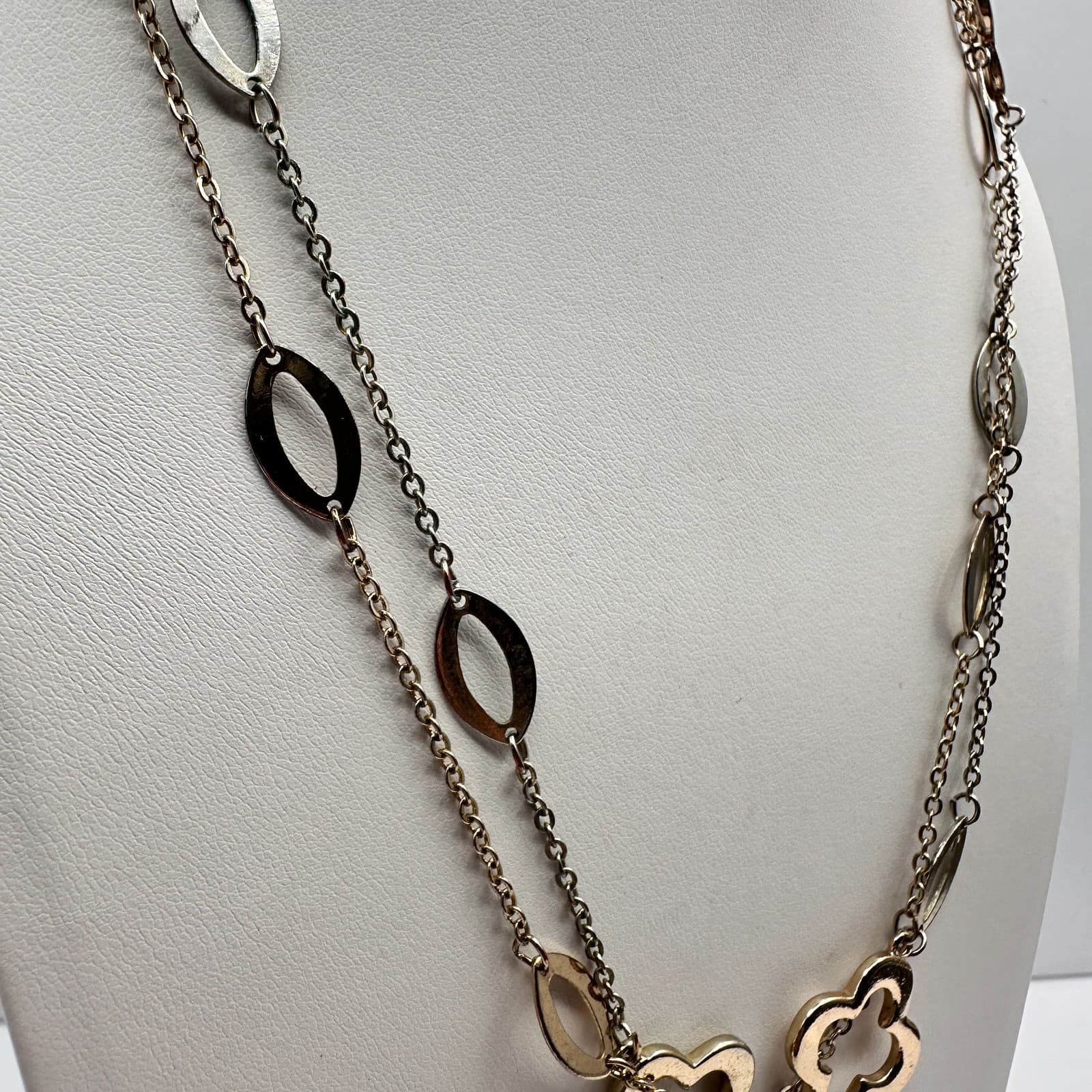 Vintage Y2K Multi Strand Necklace Gold Tone Quatrefoil Oval Link Chain Jewelry - Thumbnail 4