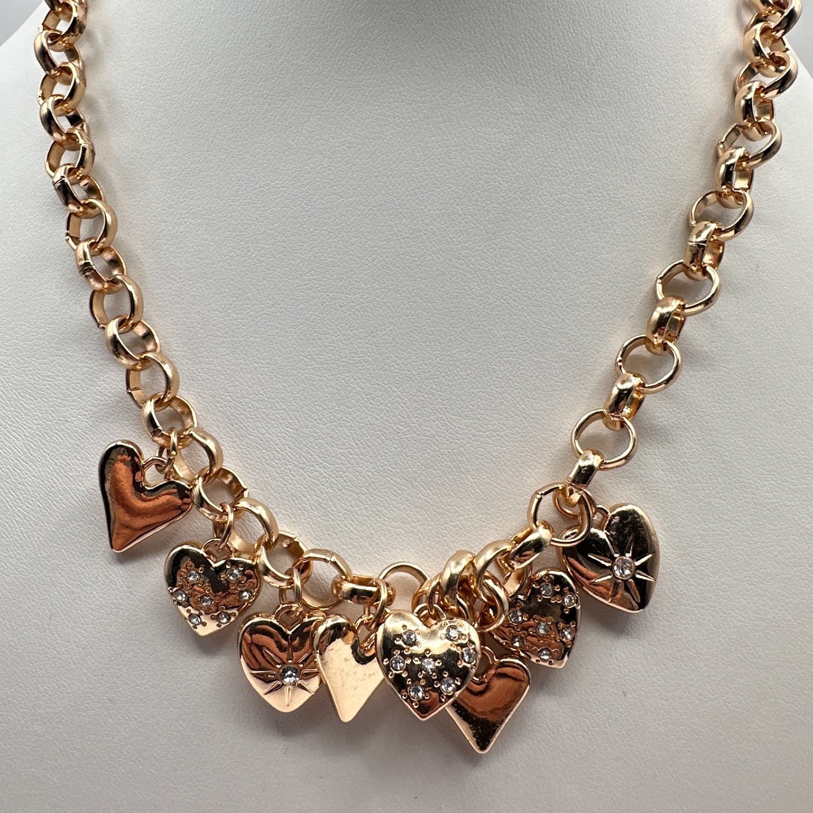 Vintage Y2K Gold Tone Multi Heart Charm Rhinestone Necklace Chunky Chain Jewelry - Thumbnail 2