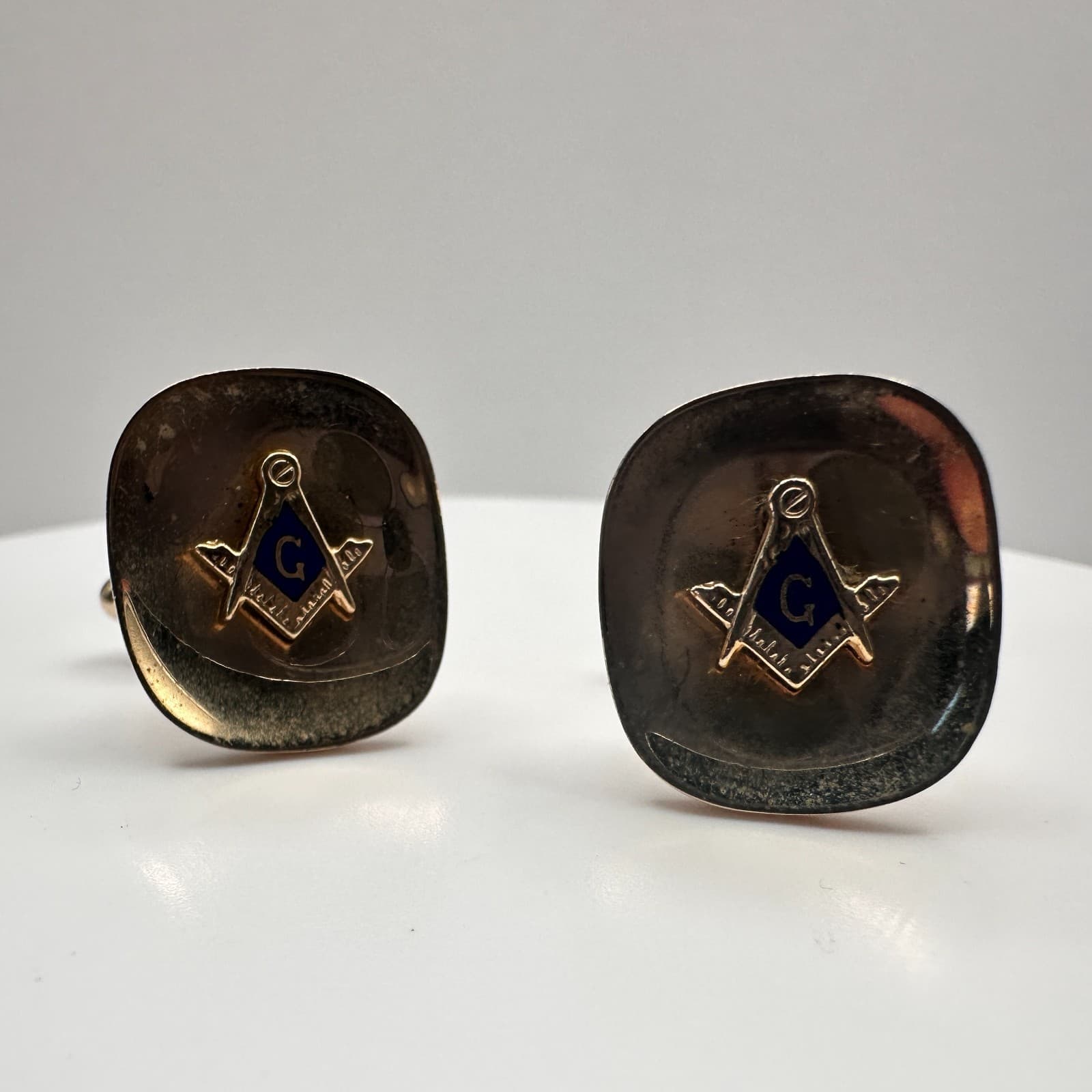 Vintage 90s Masonic Cufflinks & Tie Bar Set Gold Tone Blue Enamel Square Compass - Thumbnail 4