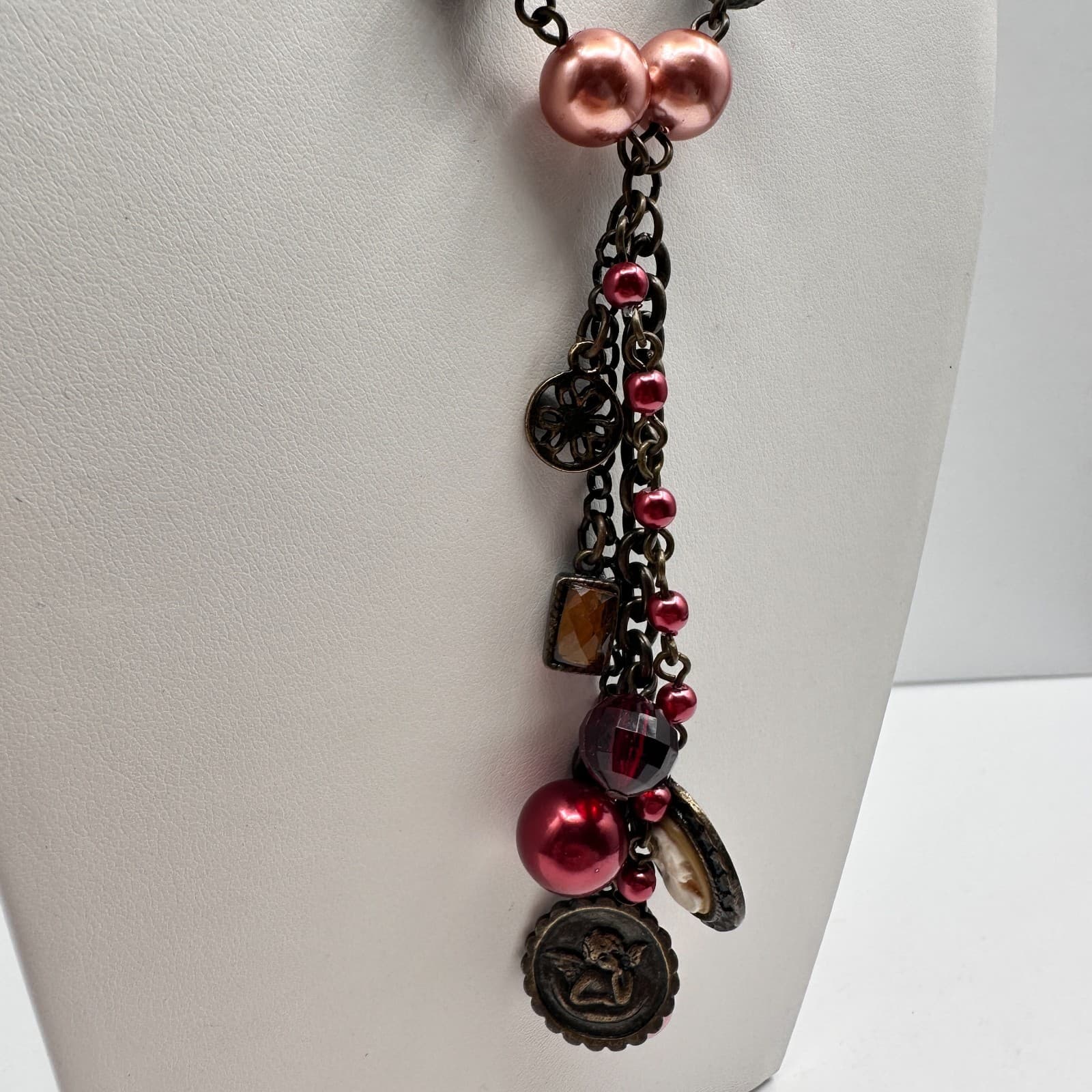 Vintage 90s Avon Beaded Charm Lariat Necklace Cameo Angel Heart Women's Jewelry - Thumbnail 4